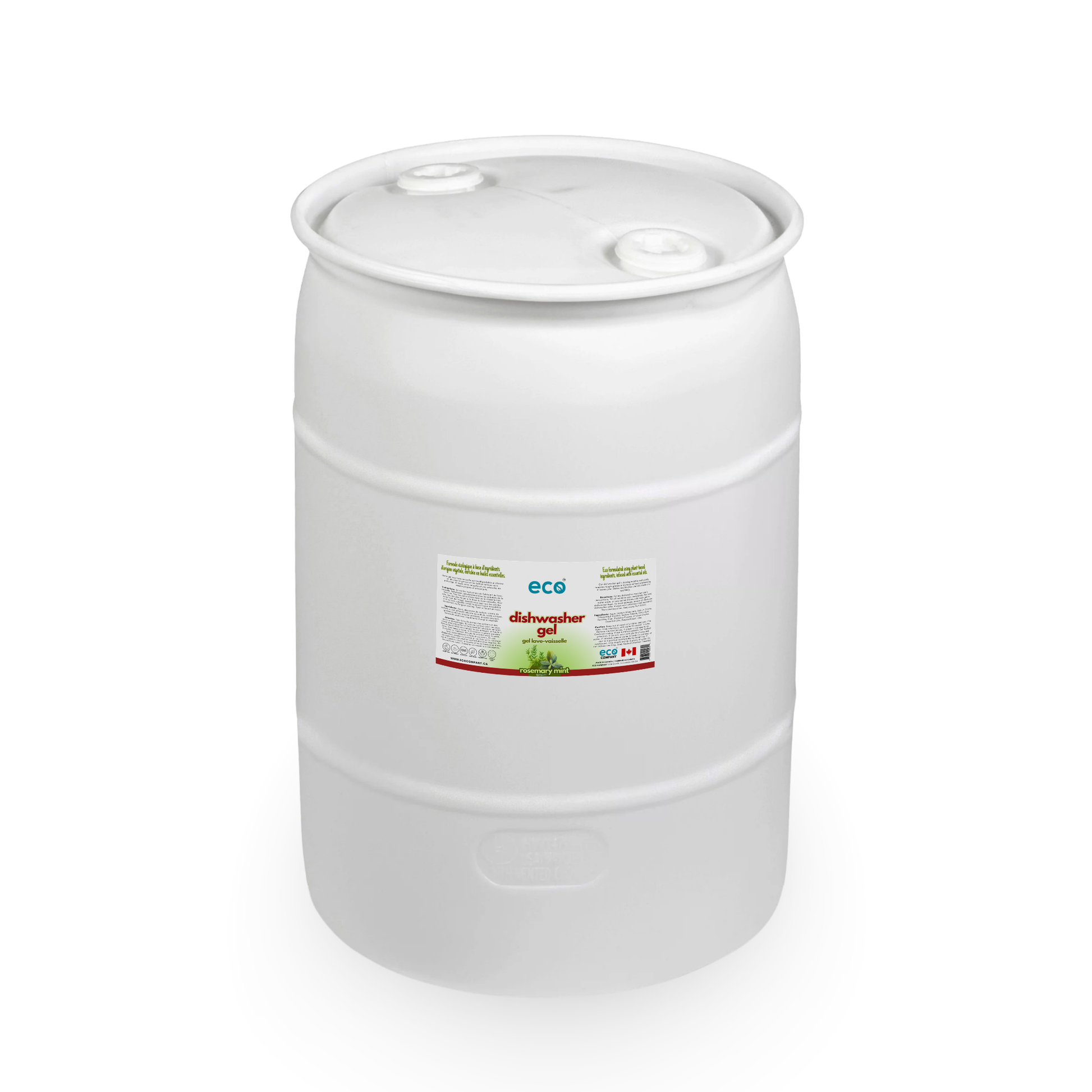 Eco Company's bulk 100 Litre / 30 Gallon barrel of rosemary mint scented dishwasher gel. 