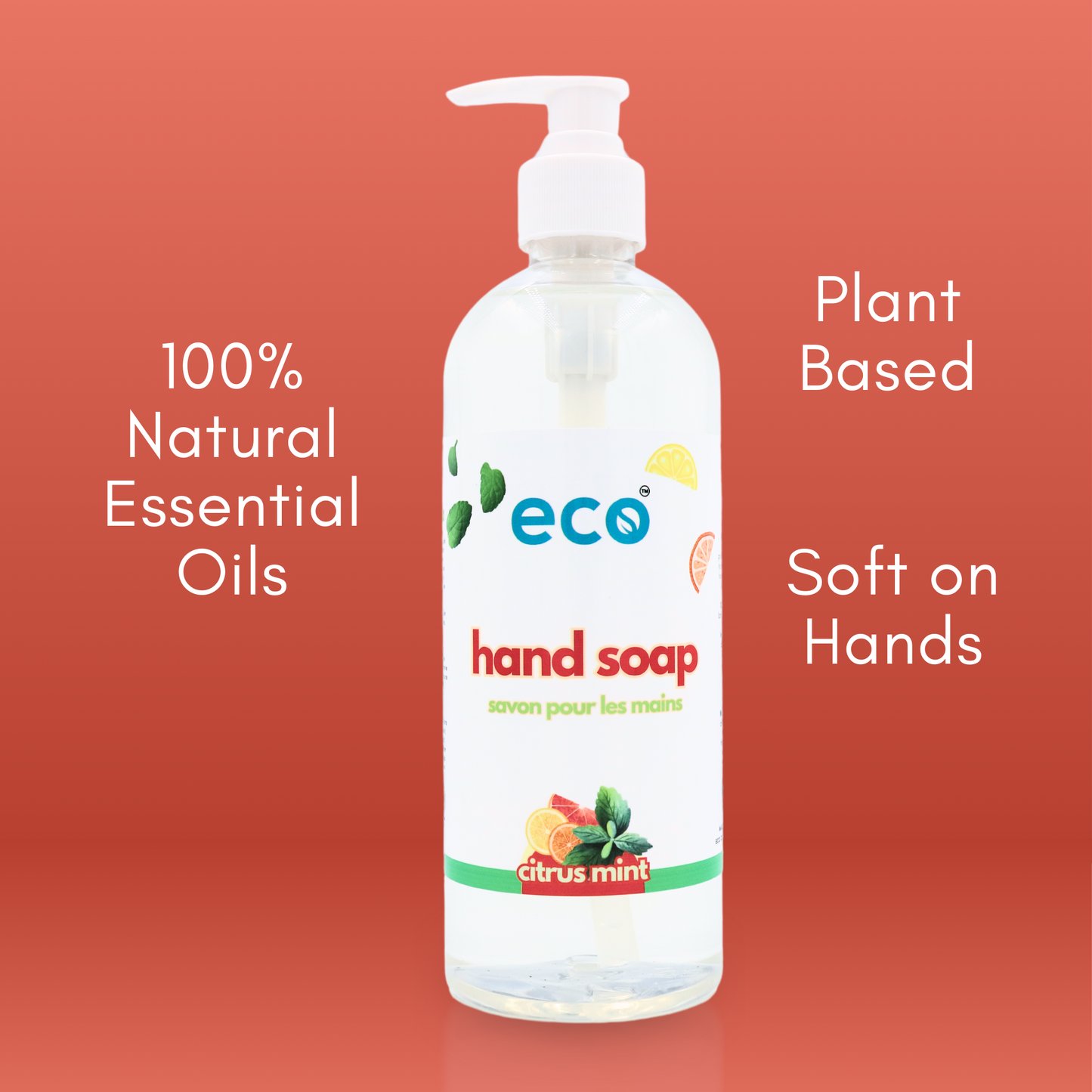 This eco friendly hand soap in citrus mint is scented with 100% natural essential oils, is soft on the hands, and has a plant-based formula.