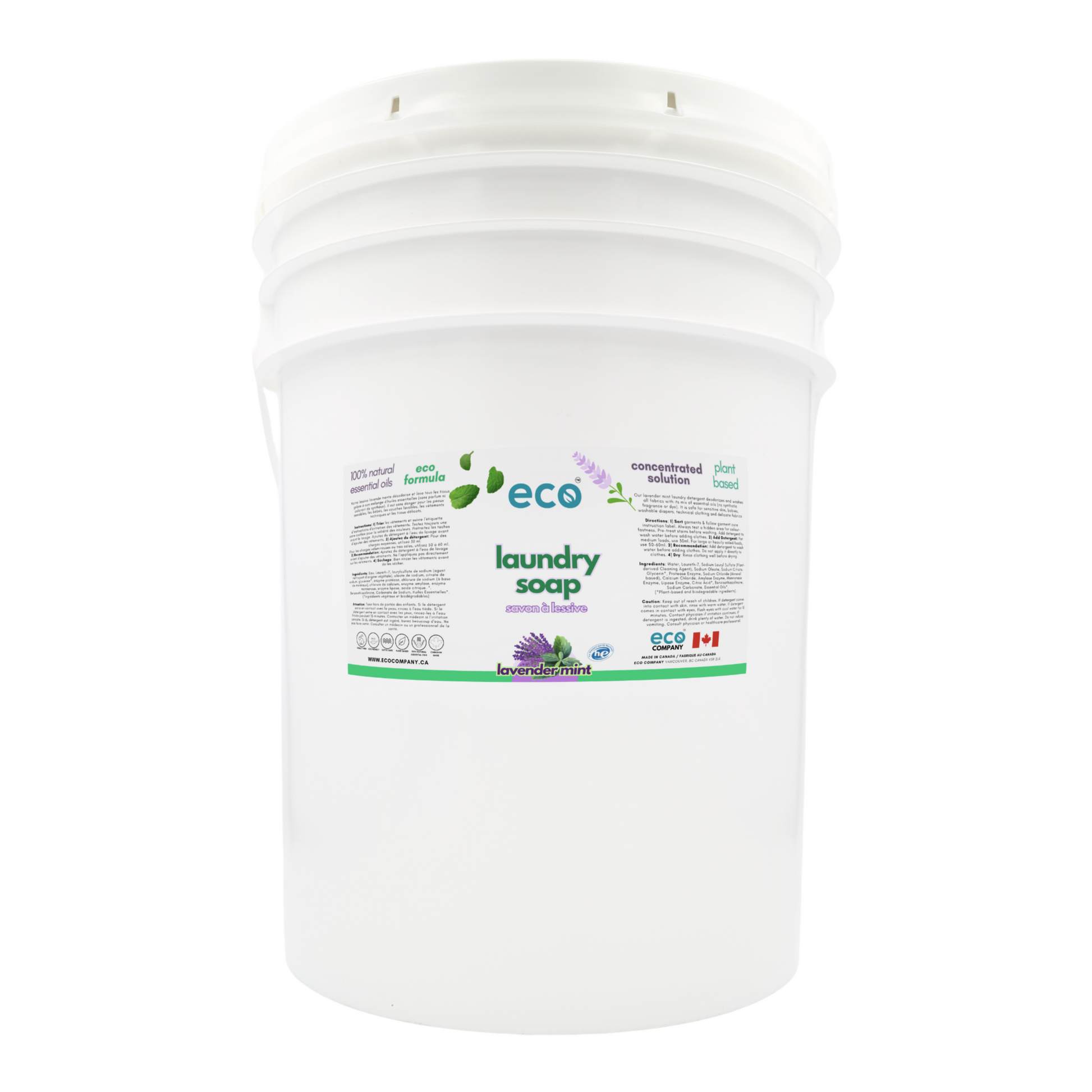 Eco Company's laundry detergent lavender mint in a 20 liter pail for wholesale, ideal for soap refilleries, zero waste stores, and refill stores.
