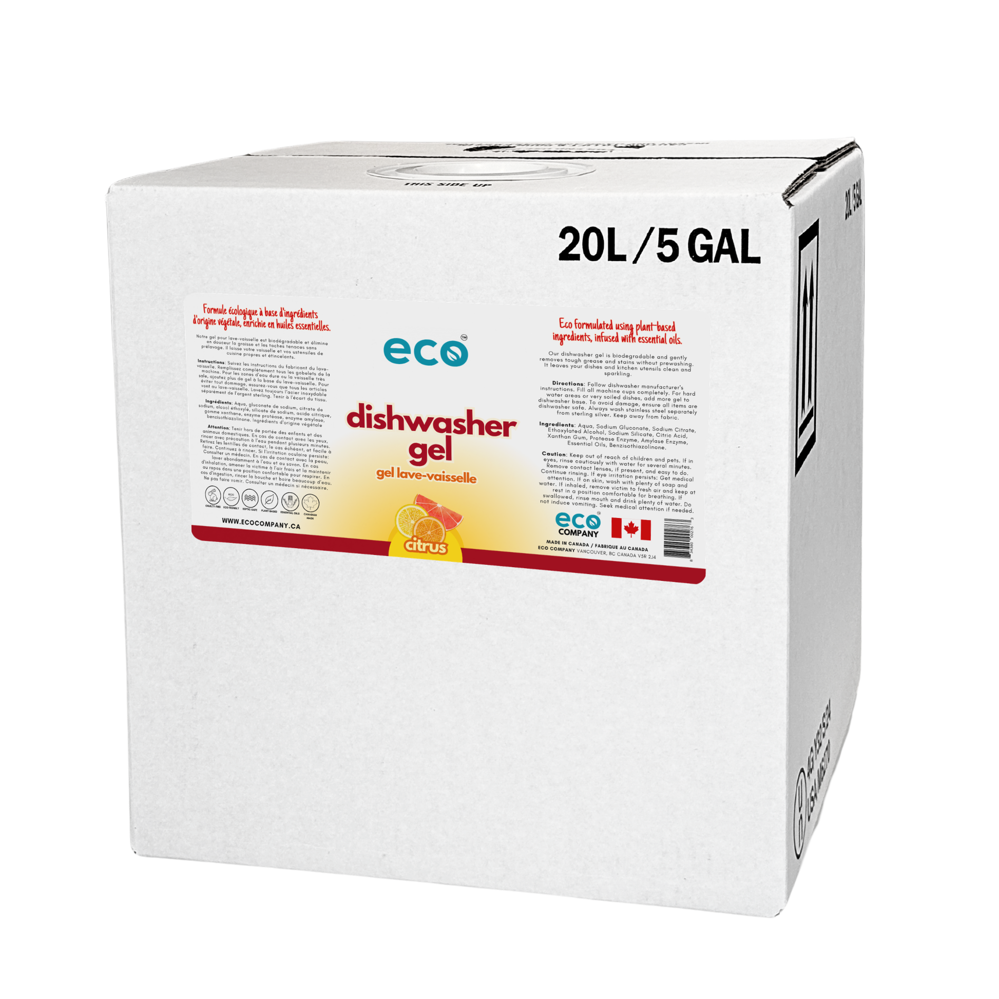 Eco Company citrus scented dishwasher gel in a 20L / 5G bulk refill box, perfect for zero-waste stores, bulk refill stores, and other eco-friendly retail stores.