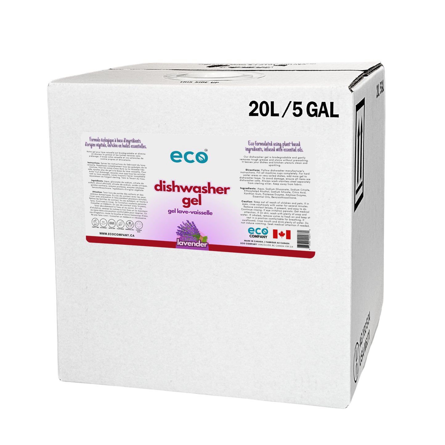 Eco Company lavender scented dishwasher gel in a 20L / 5G bulk refill box, perfect for zero-waste stores, bulk refill stores, and other eco-friendly retail stores.