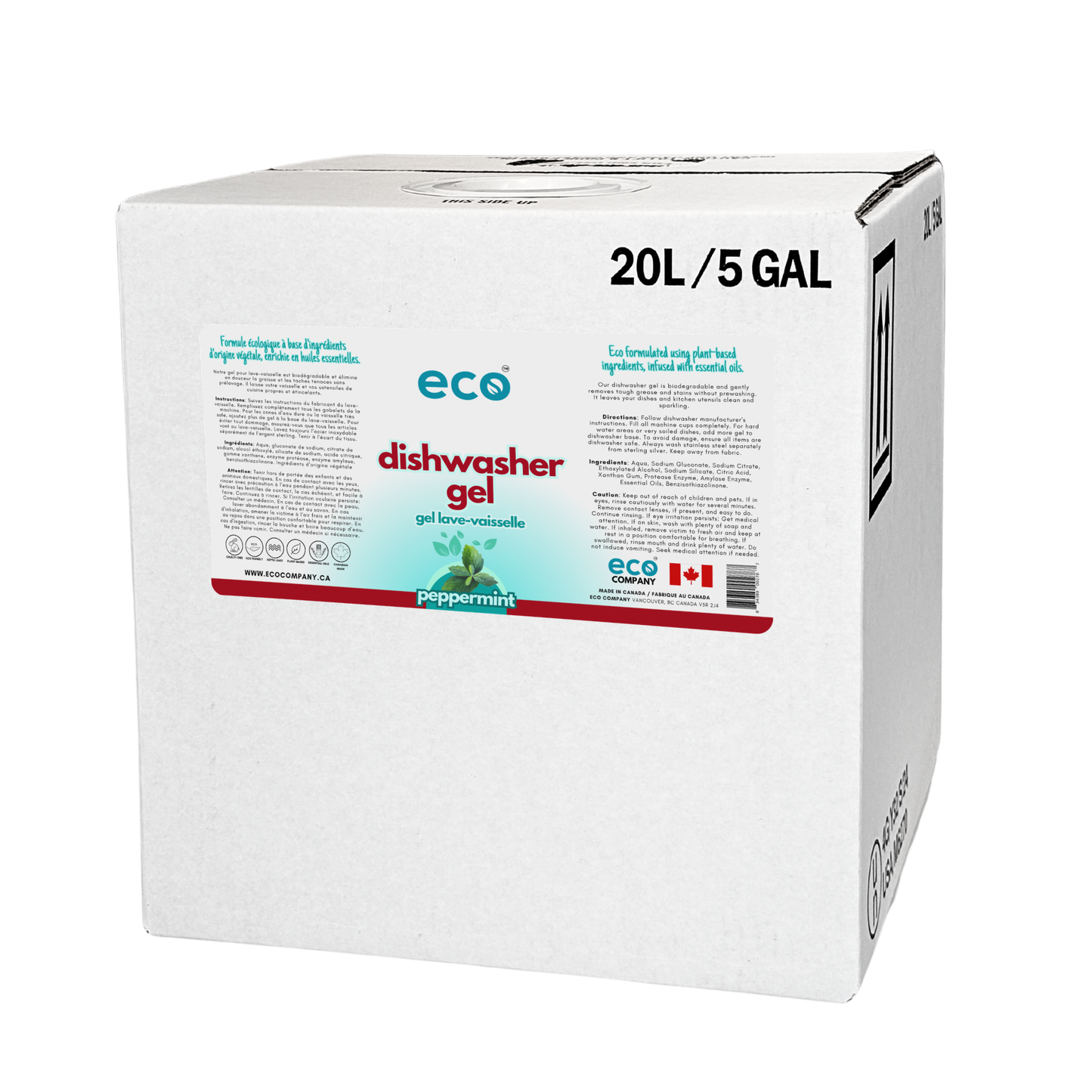 Eco Company peppermint scented dishwasher gel in a 20L / 5G bulk refill box, perfect for zero-waste stores, bulk refill stores, and other eco-friendly retail stores.
