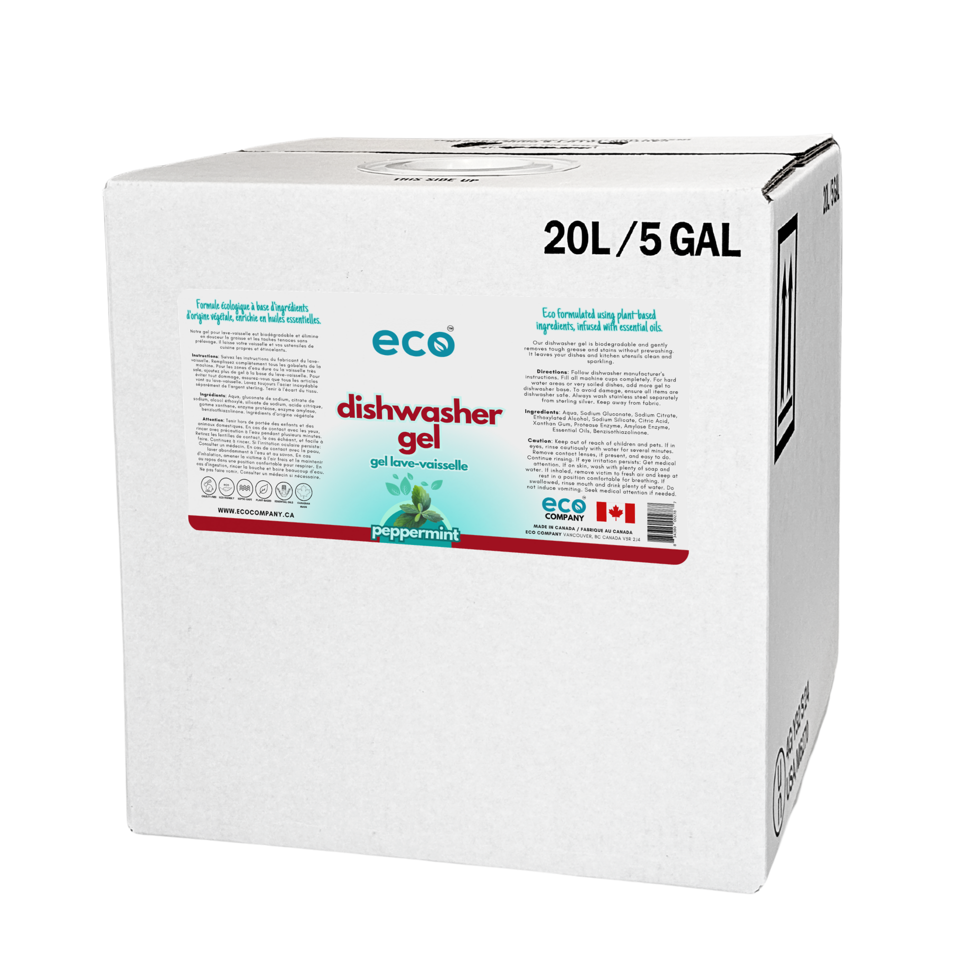 Eco Company peppermint scented dishwasher gel in a 20L / 5G bulk refill box, perfect for zero-waste stores, bulk refill stores, and other eco-friendly retail stores.