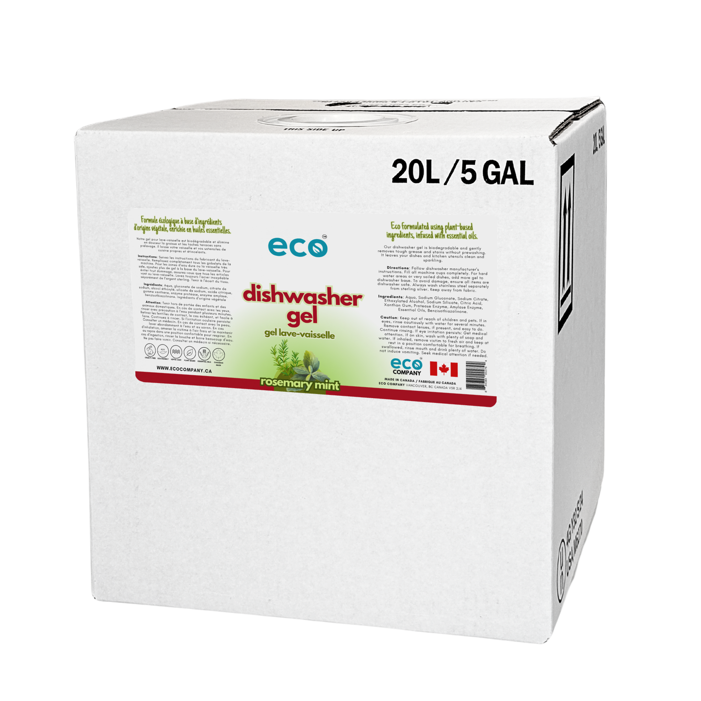 Eco Company rosemary mint scented dishwasher gel in a 20L / 5G bulk refill box, perfect for zero-waste stores, bulk refill stores, and other eco-friendly retail stores.