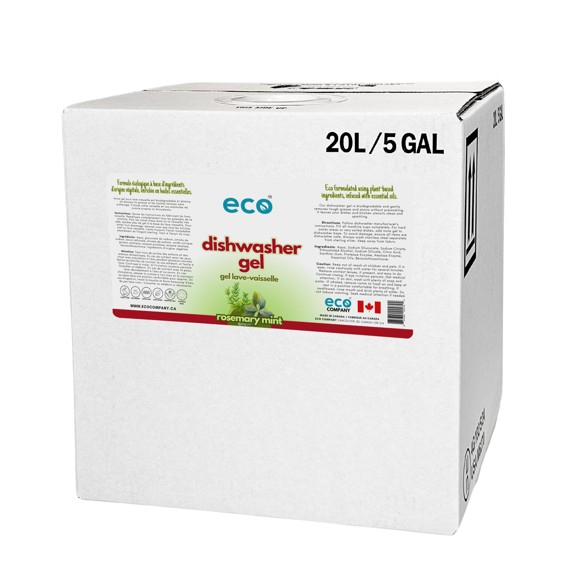 Eco Company rosemary mint scented dishwasher gel in a 20L / 5G bulk refill box, perfect for zero-waste stores, bulk refill stores, and other eco-friendly retail stores.