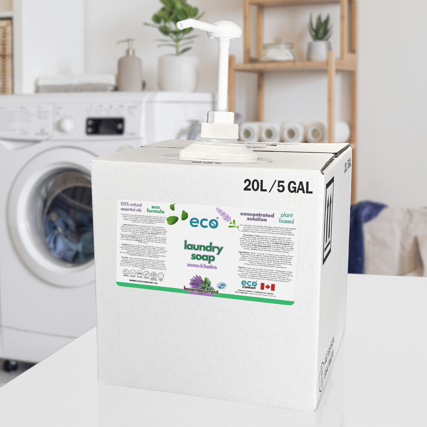 20L / 5GAL bulk refill box of lavender mint eco laundry soap in laundry room.