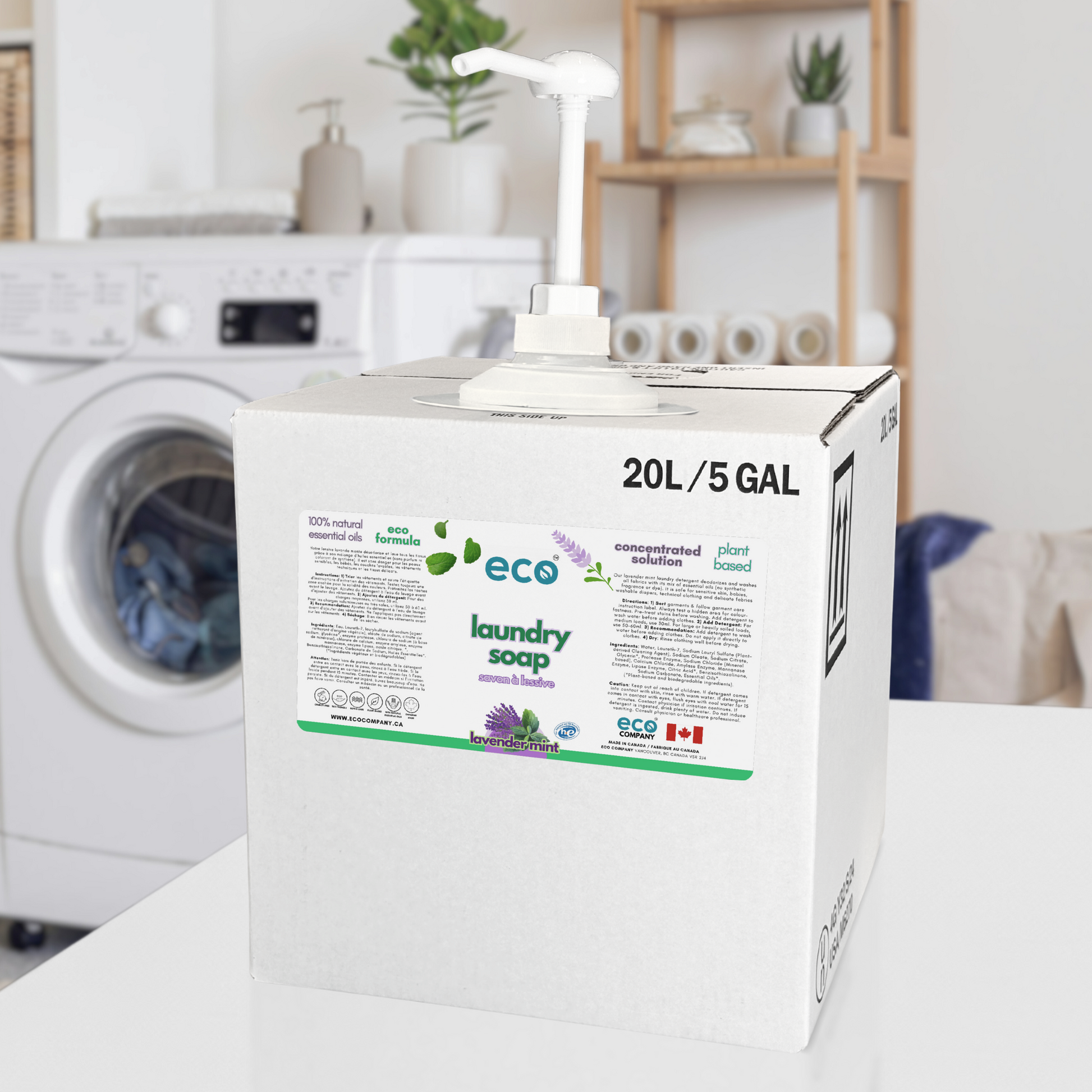 20L / 5GAL bulk refill box of lavender mint eco laundry soap in laundry room.
