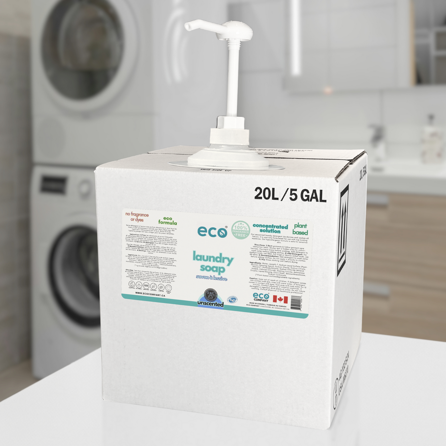 20L / 5GAL bulk refill box of unscented eco laundry soap in laundry room.