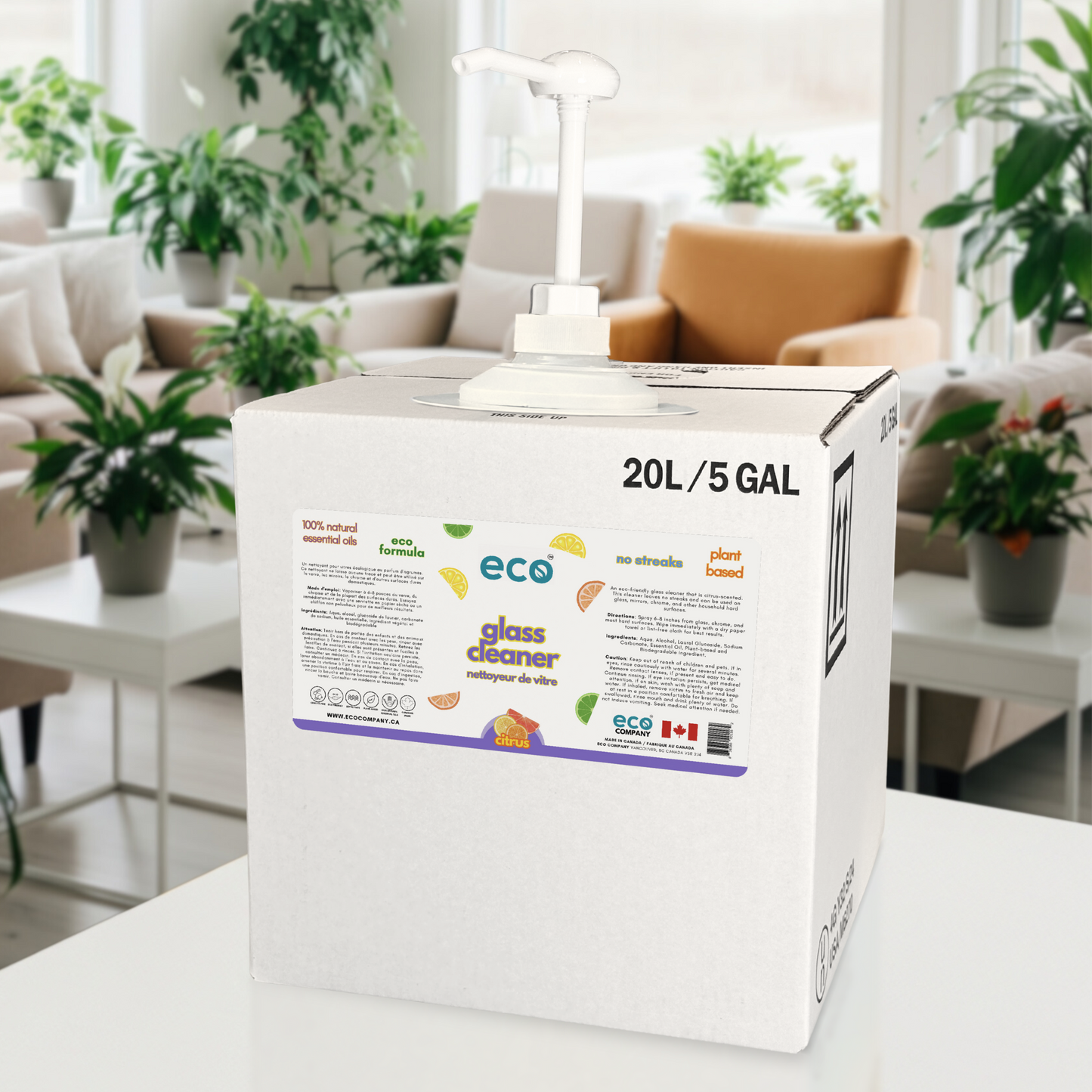 Refill box of eco glass cleaner in a citrus scent with pump for easy dispensing, perfect for bulk refill stores, zero waste stores, and plastic free shops.