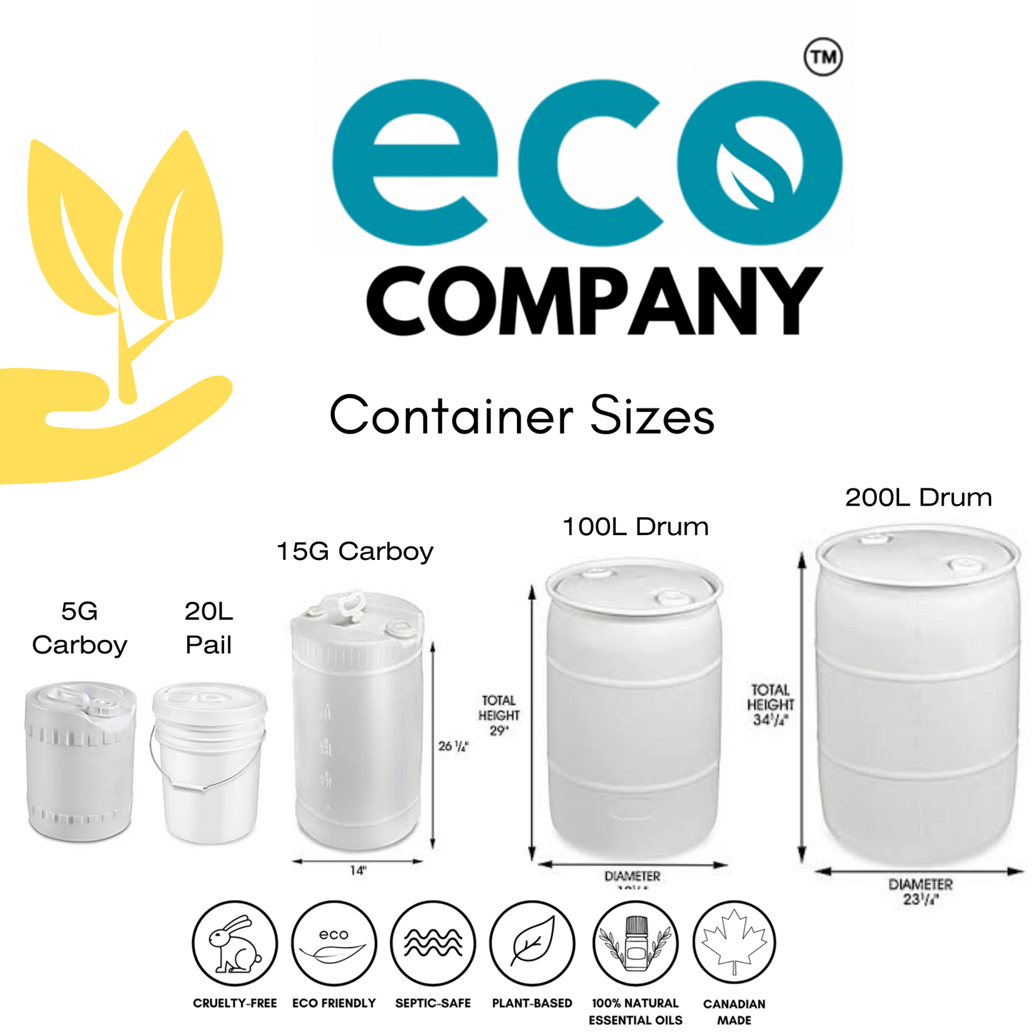 Eco Company's wholesale bulk products for dish soap include 20 liter pails, 5 gallon carboys, 15 gallon carboys, 100 liter drums, and 200 liter drums.