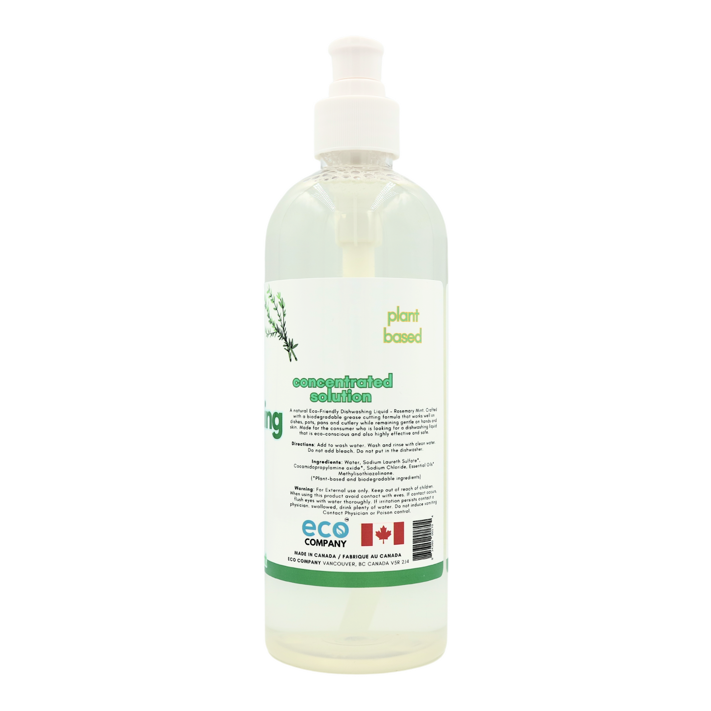 The side label of the rosemary mint dish soap reads: A natural Eco-Friendly Dishwashing Liquid – Citrus. Crafted with a biodegradable grease cutting formula that works well on dishes, pots, pans and cutlery while remaining gentle on hands and skin. Made for the consumer who is looking for a dishwashing liquid that is eco-conscious and also highly effective and safe. Directions: Add to wash water. Wash and rinse with clean water. Do not add bleach. Do not put in the dishwasher.