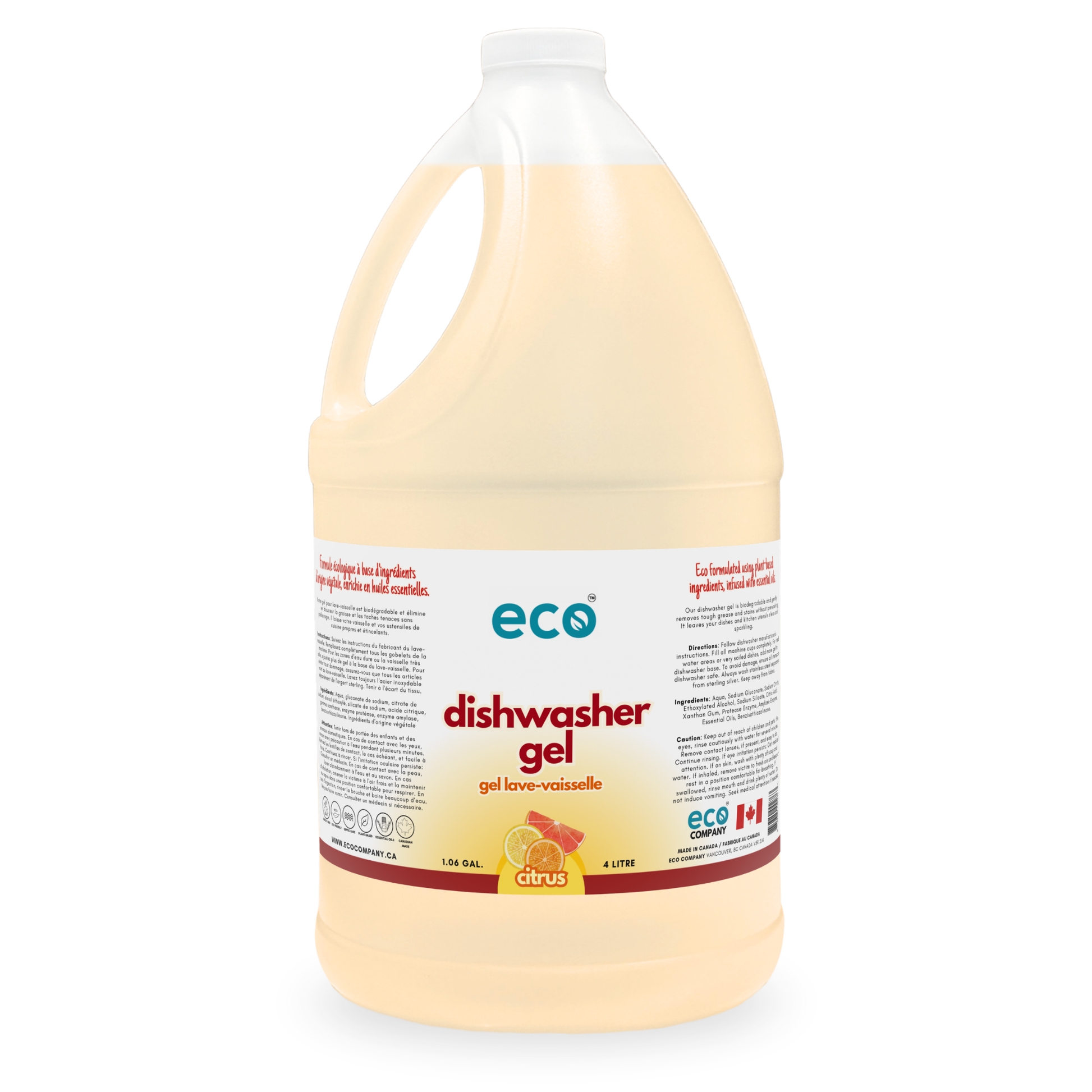Eco-friendly dishwasher gel citrus scented in a 4 liter jug for wholesale, perfect for customers wanting bulk dishwasher gel. 