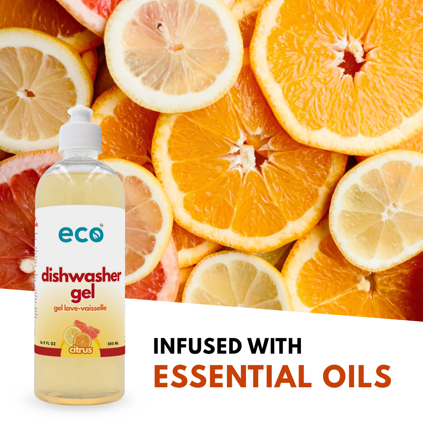 Eco Company's plant-based dishwasher gel is scented with essential oils.