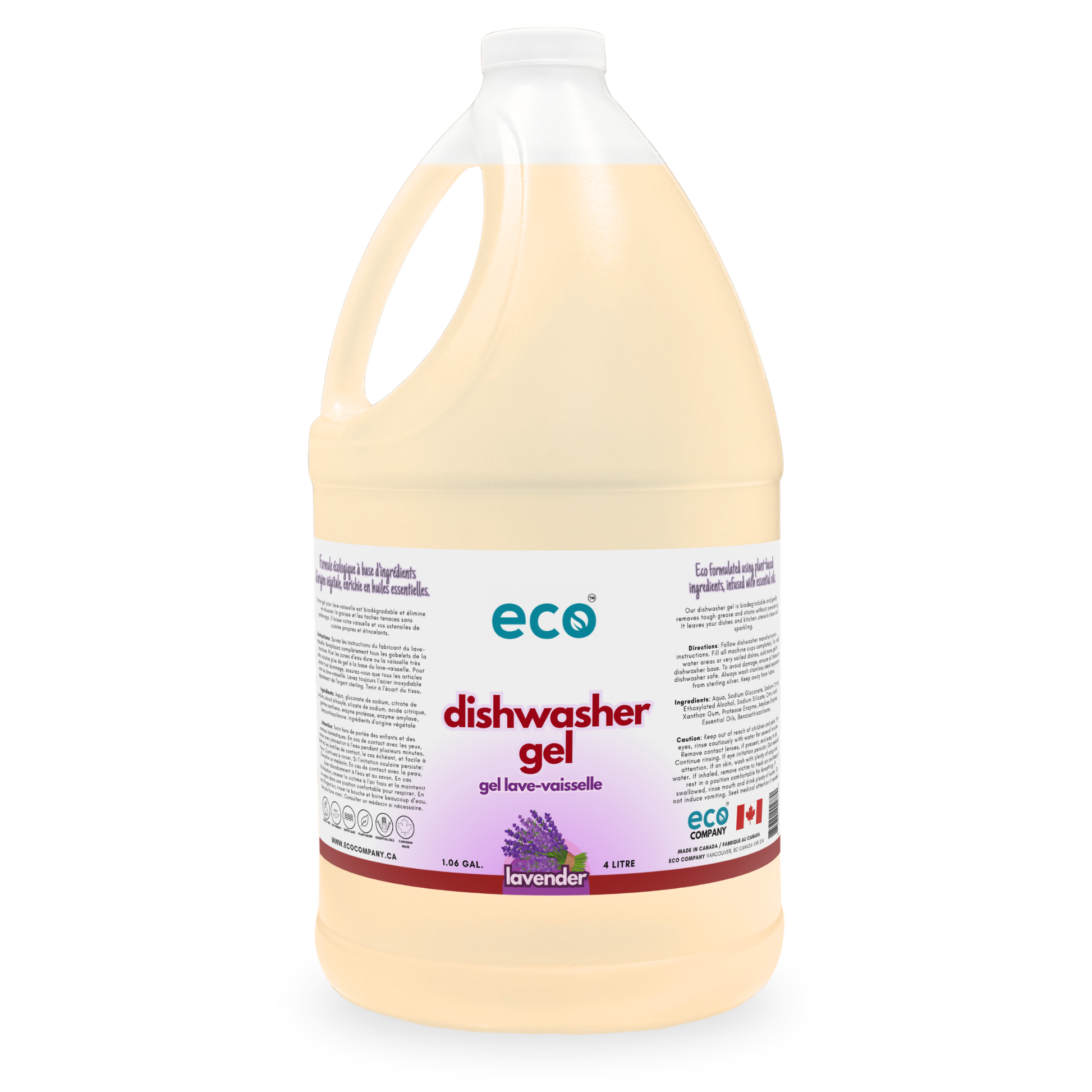 Eco-friendly dishwasher gel lavender scented in a 4 liter jug for wholesale, perfect for customers wanting bulk dishwasher gel. 