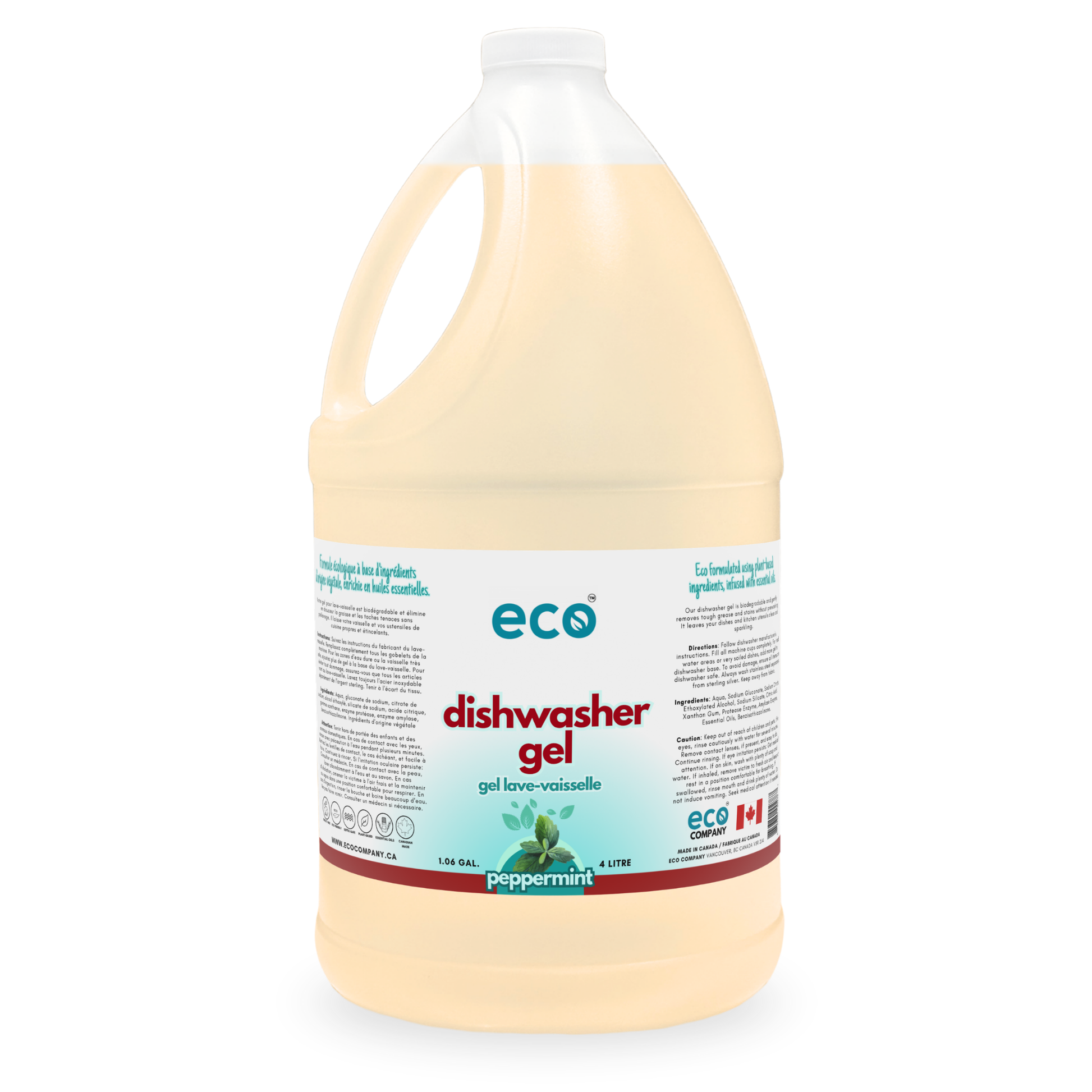 Eco-friendly dishwasher gel peppermint scented in a 4 liter jug for wholesale, perfect for customers wanting bulk dishwasher gel. 