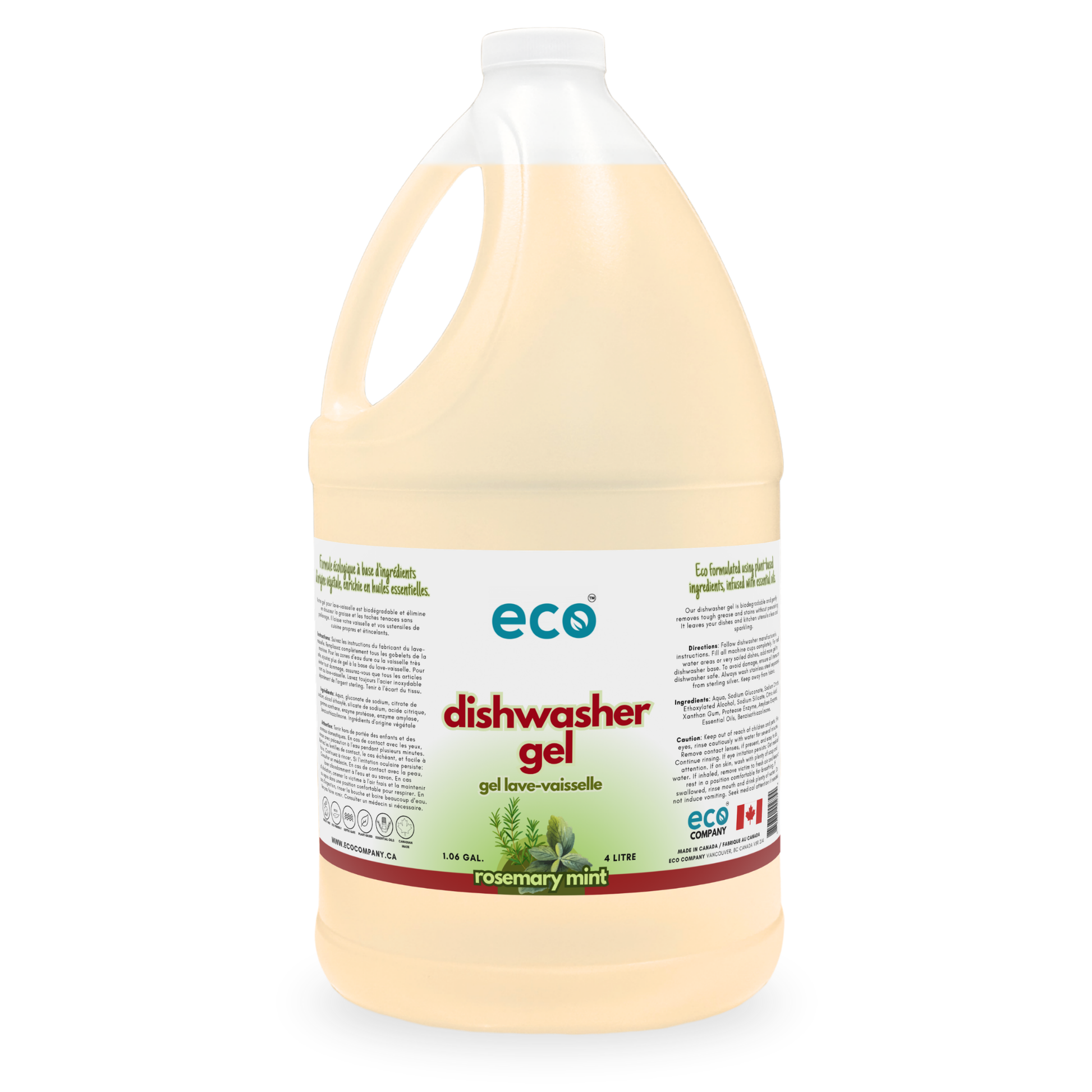 Eco-friendly dishwasher gel rosemary mint scented in a 4 liter jug for wholesale, perfect for customers wanting bulk dishwasher gel. 