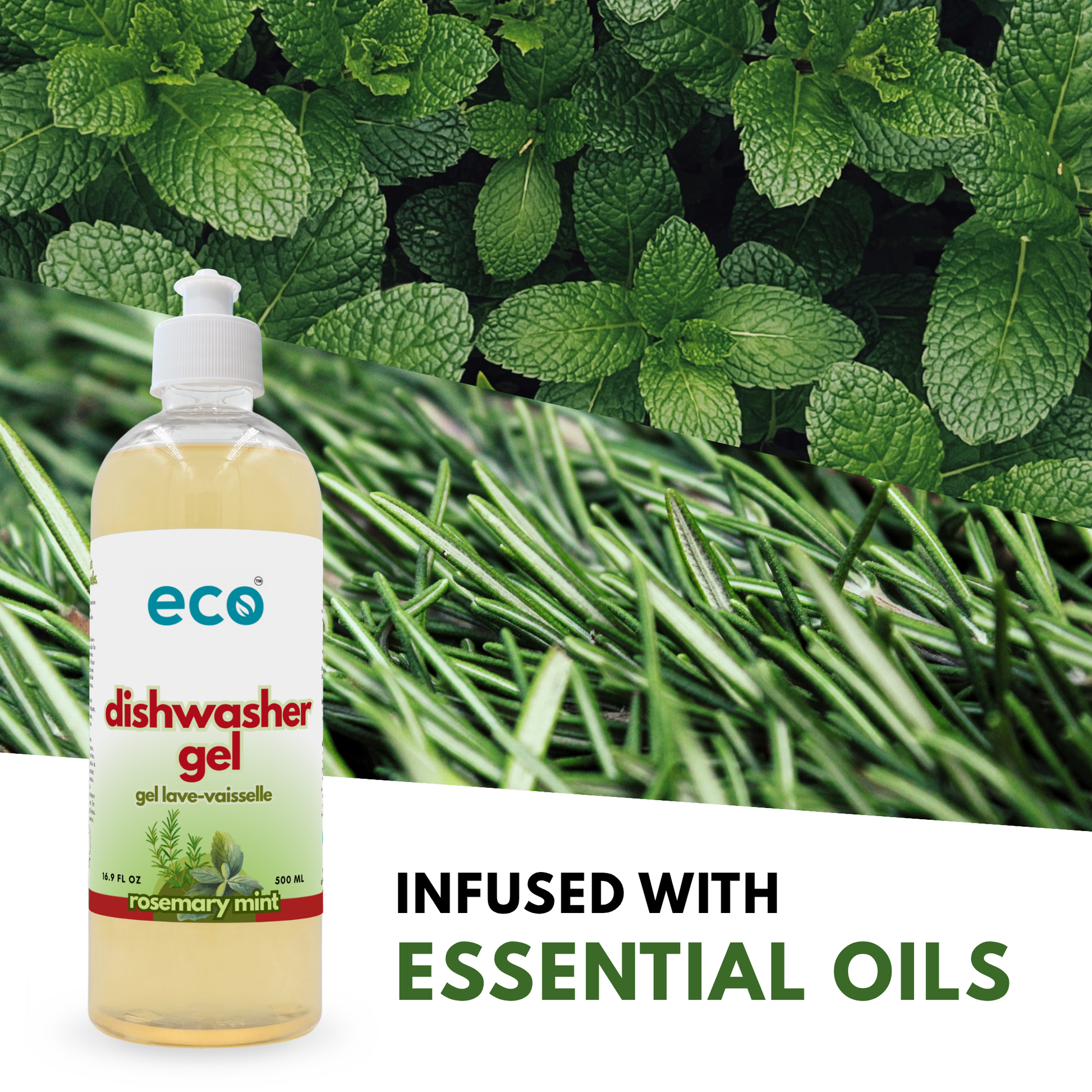 Eco Company's plant-based dishwasher gel is scented with essential oils.