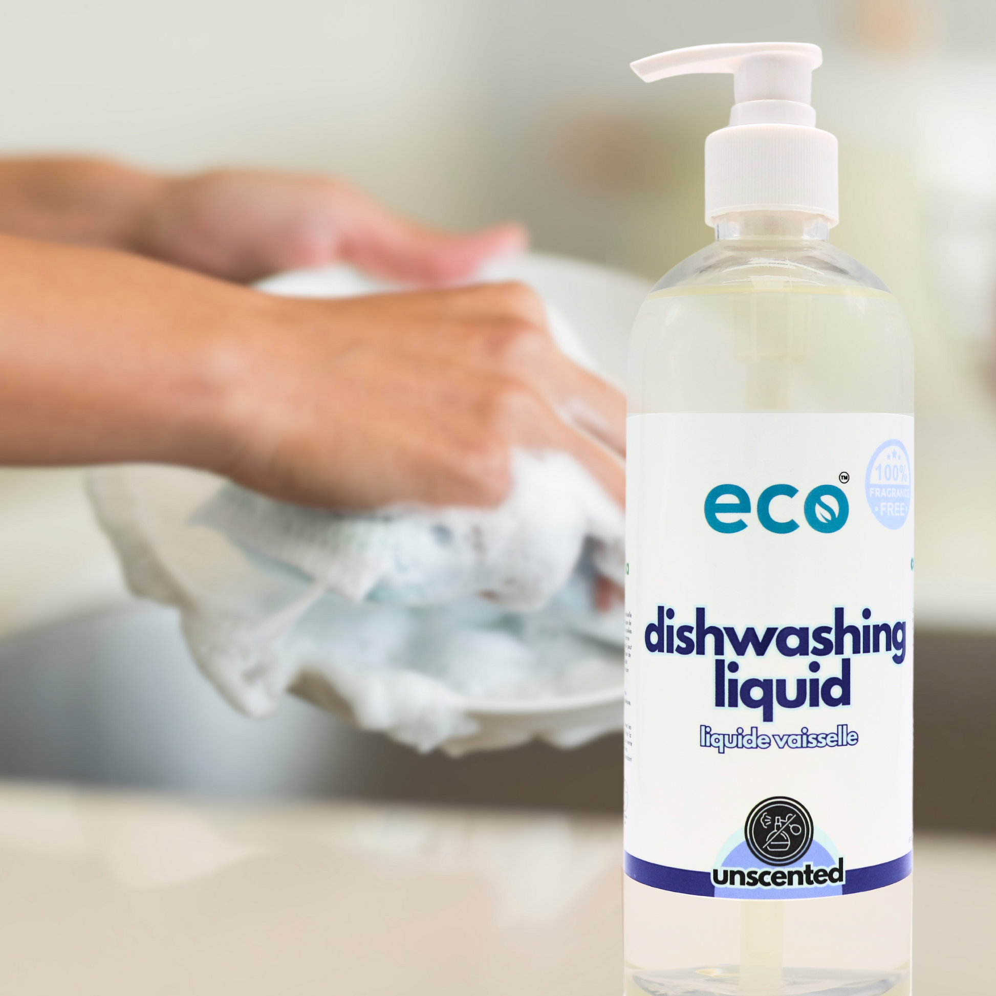 A bottle of eco dish soap unscented by the kitchen sink, for a sustainable and eco-friendly home.