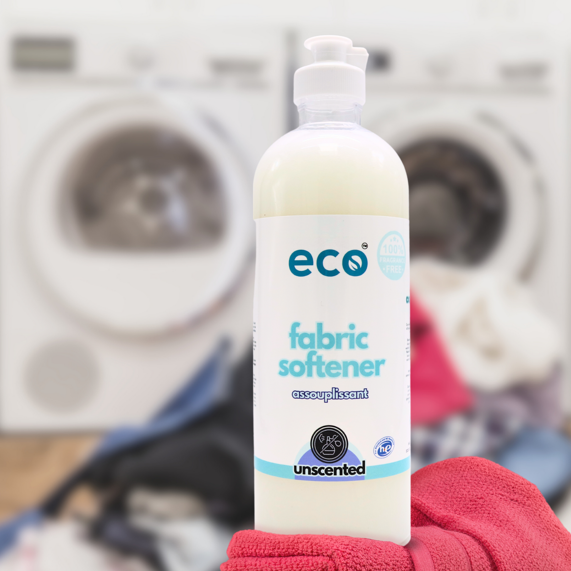 A bottle of eco fabric softener unscented, for a plant-based and eco-friendly laundry routine.