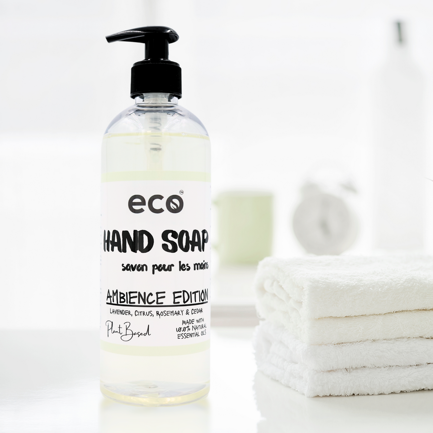 A bottle of eco hand soap in the washroom, for a sustainable and eco-friendly home.