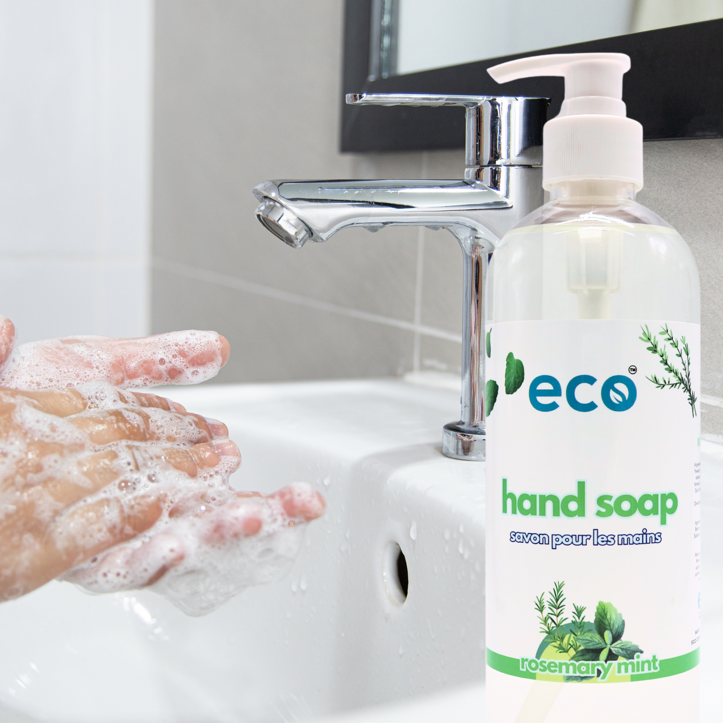 Individual using rosemary mint-scented hand soap in a washroom, promoting plant-based and eco-friendly lifestyle.