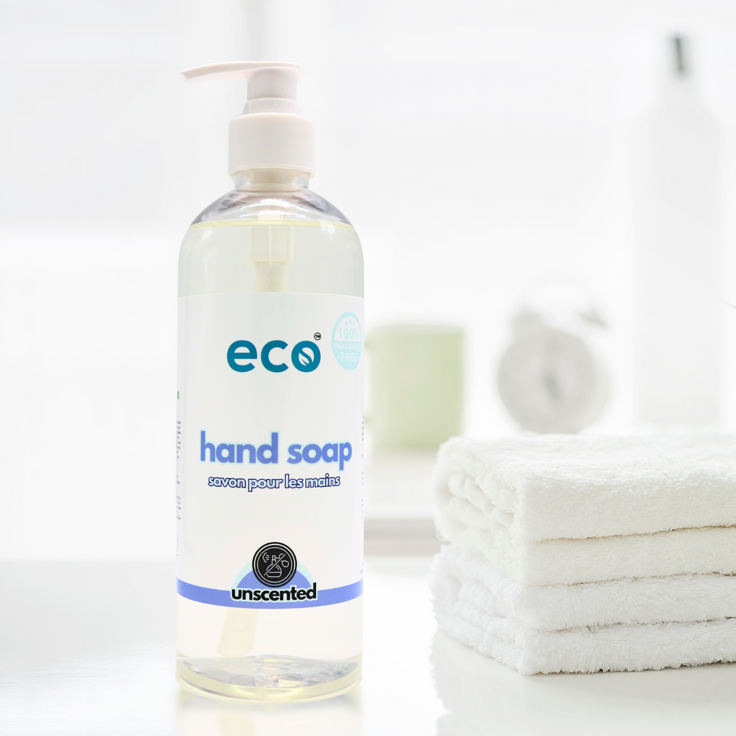 A bottle of eco hand soap unscented on the bathroom, for a sustainable and eco-friendly home.