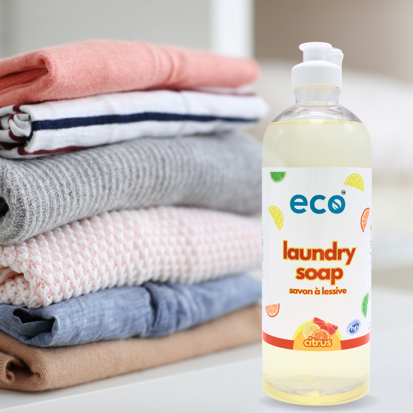 A bottle of eco laundry detergent in citrus, for a plant-based and eco-friendly laundry routine.