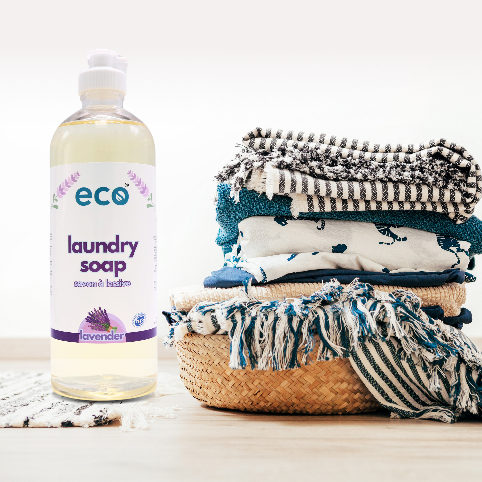 A bottle of eco laundry detergent in lavender, for a plant-based and eco-friendly laundry routine.