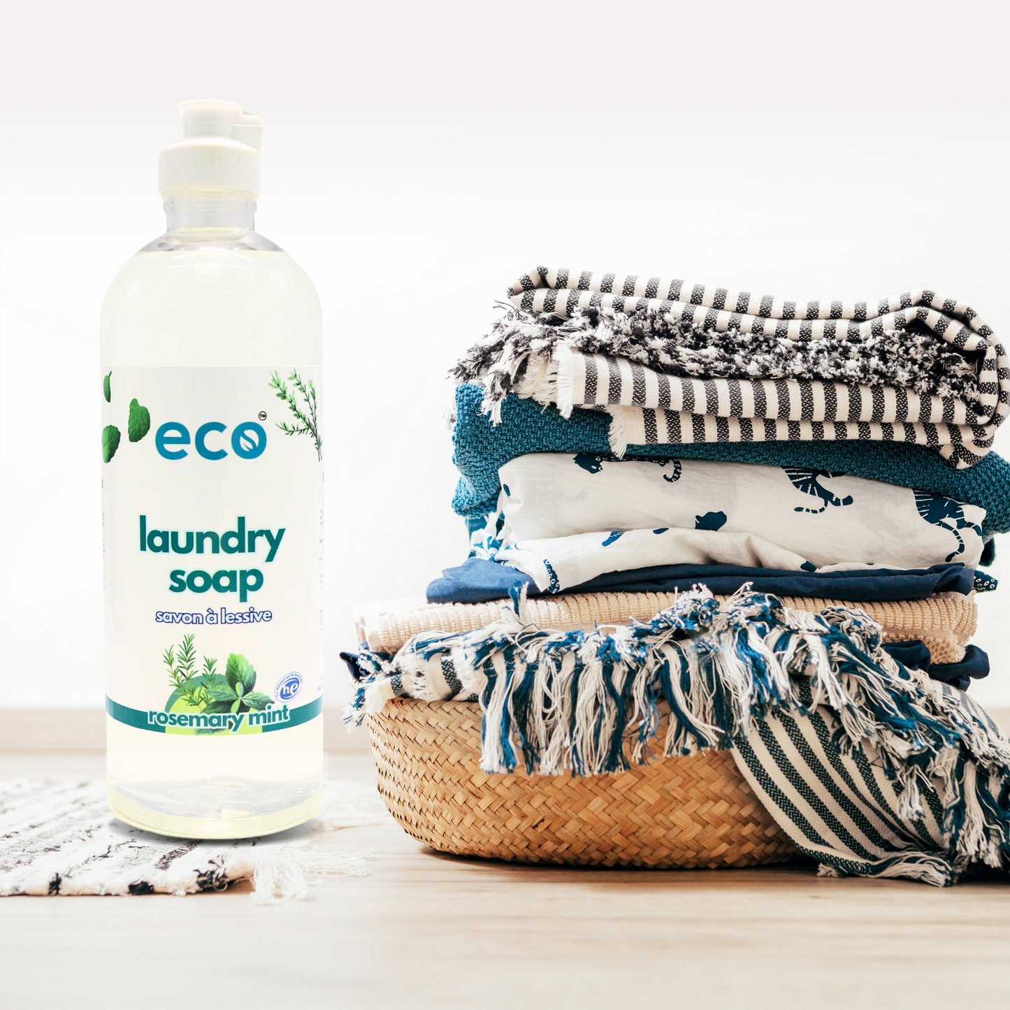 A bottle of eco laundry detergent in rosemary mint, for a plant-based and eco-friendly laundry routine.