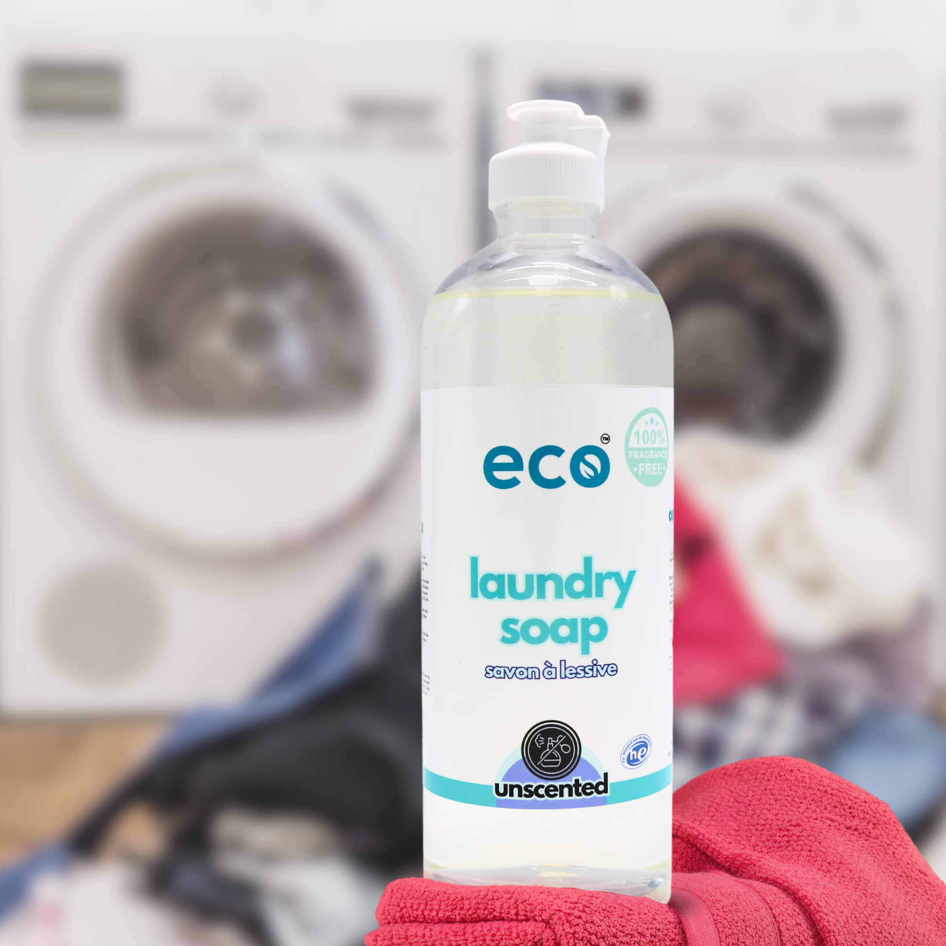 A bottle of eco laundry detergent in unscented, for a plant-based and eco-friendly laundry routine.