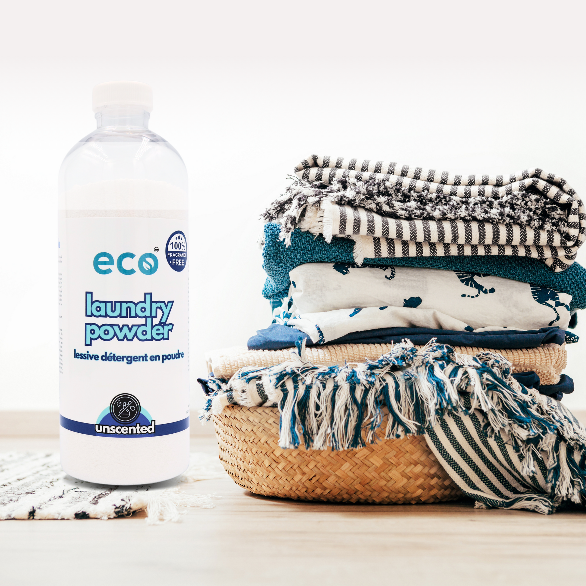 A bottle of eco laundry detergent in unscented, for a plant-based and eco-friendly laundry routine.