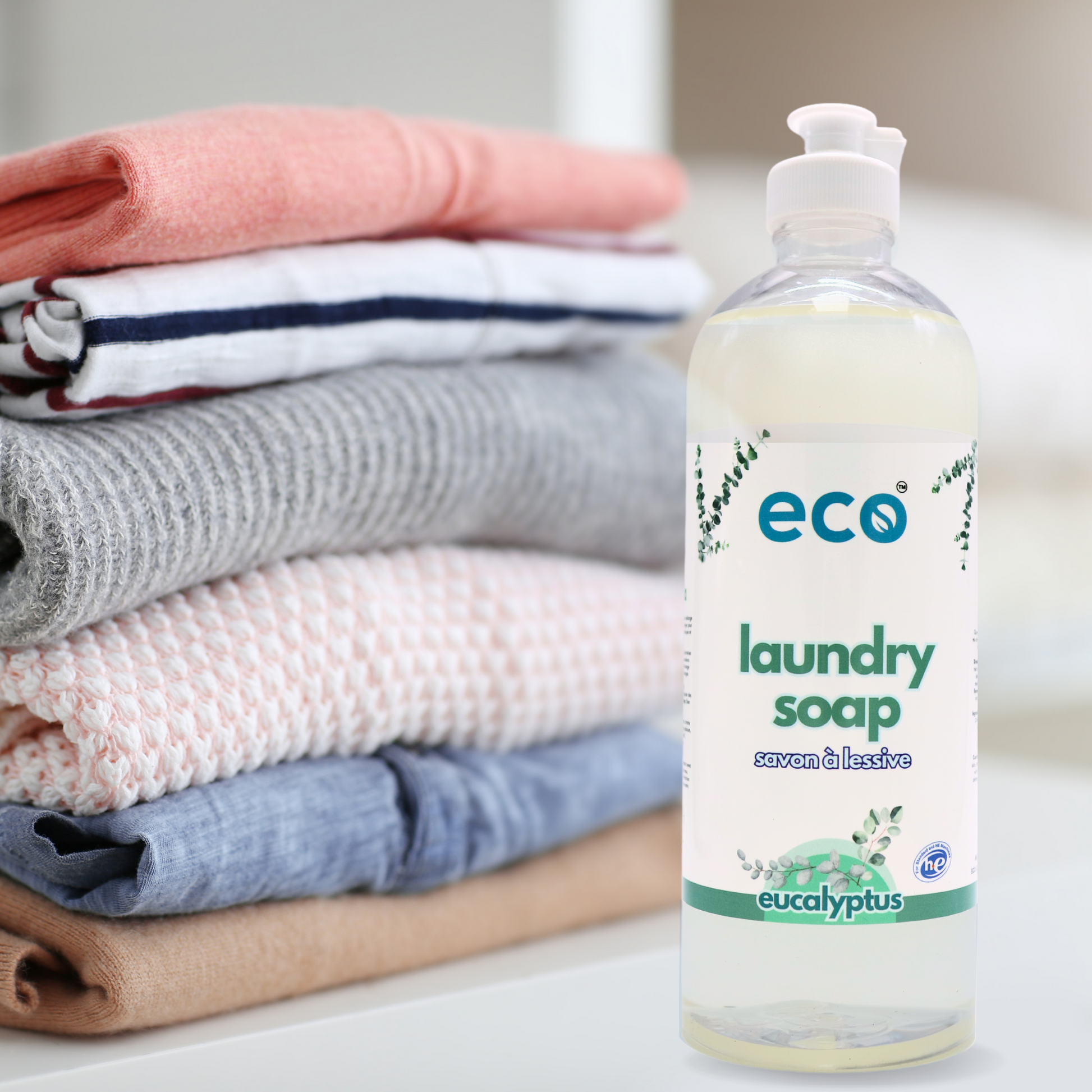 Eco-friendly laundry soap in eucalyptus, for sustainable home cleaning and green living.