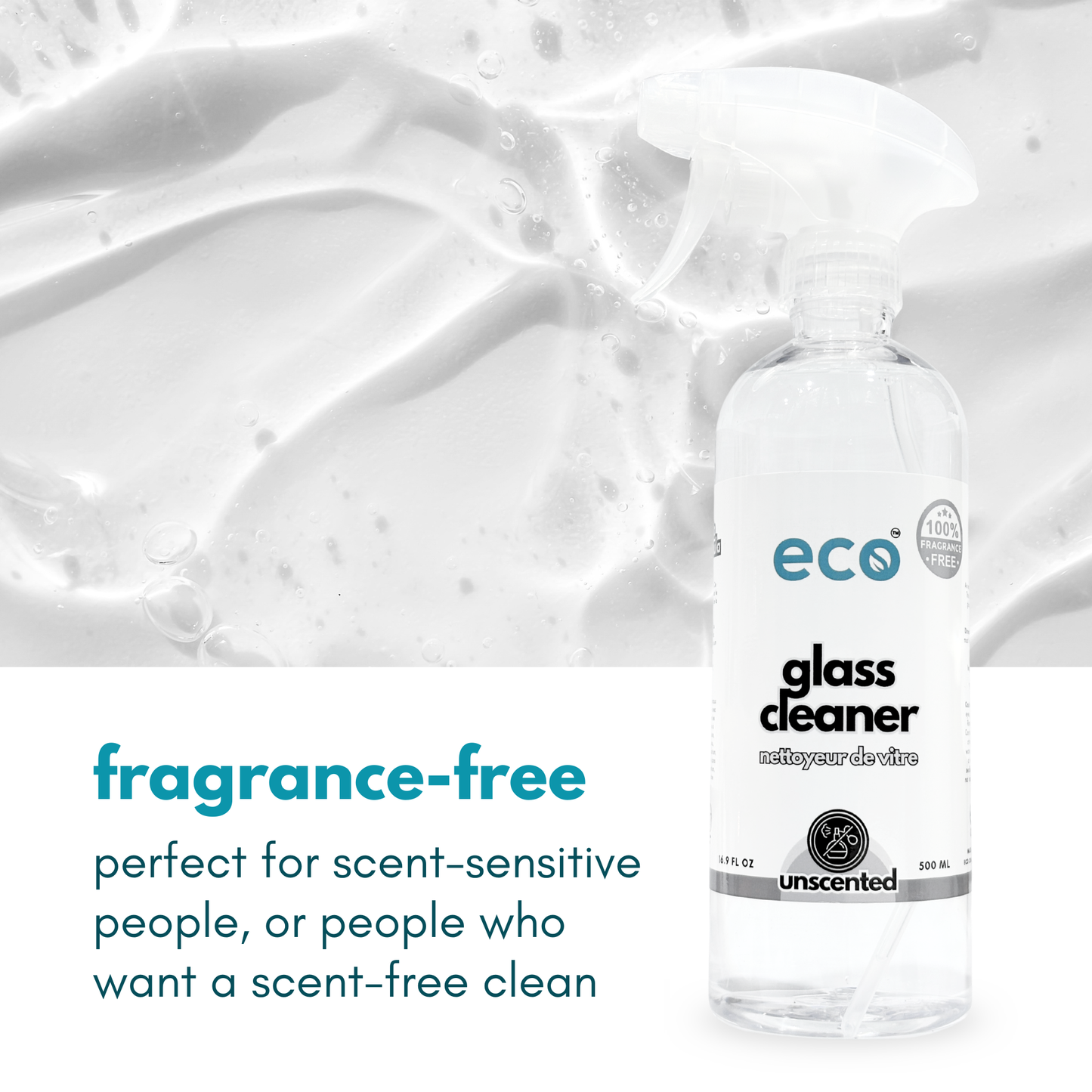 Spray bottle of eco glass cleaner with text saying it is fragrance-free, perfect for scent-sensitive people, or people who want a scent-free clean.