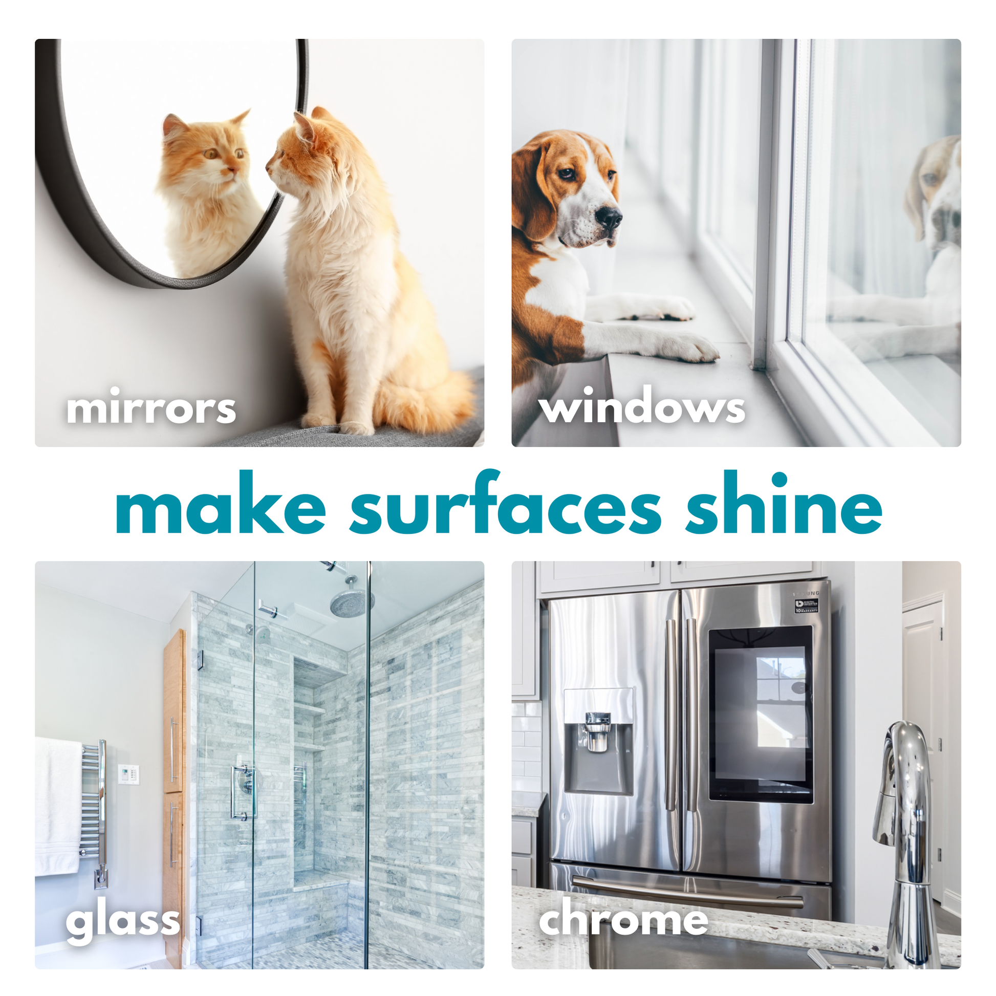 Eco glass cleaner makes mirrors, windows, glass, chrome, and other shiny surfaces shine.