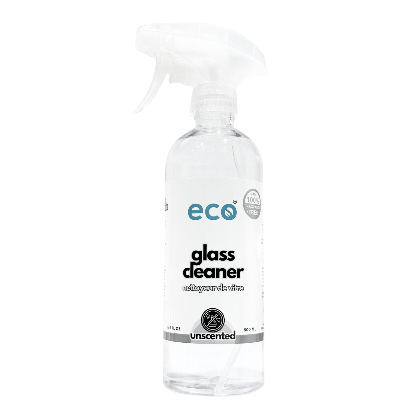 Eco Glass Cleaner unscented in a ready-to-use 500 ml spray bottle.