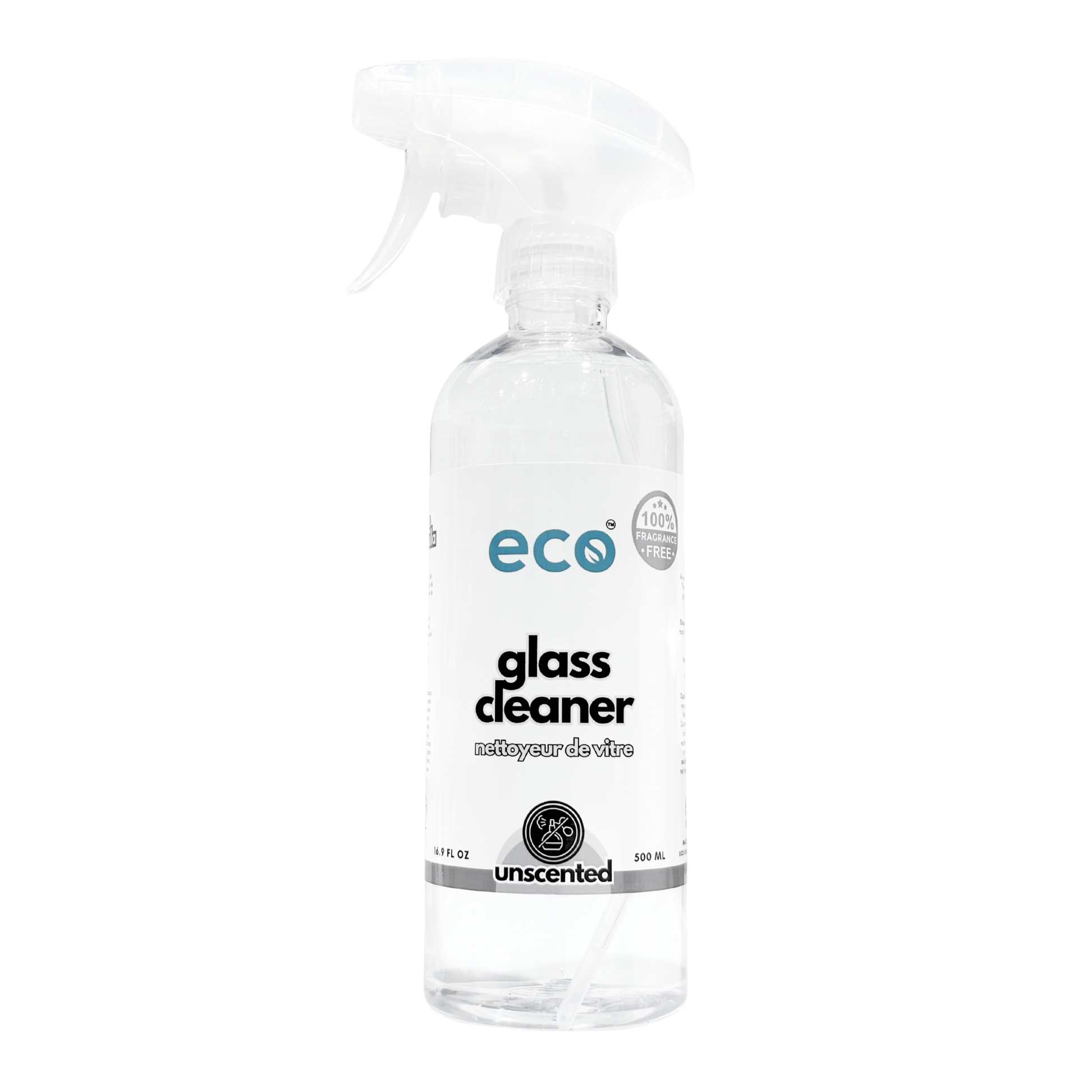 Eco Glass Cleaner unscented in a ready-to-use 500 ml spray bottle.