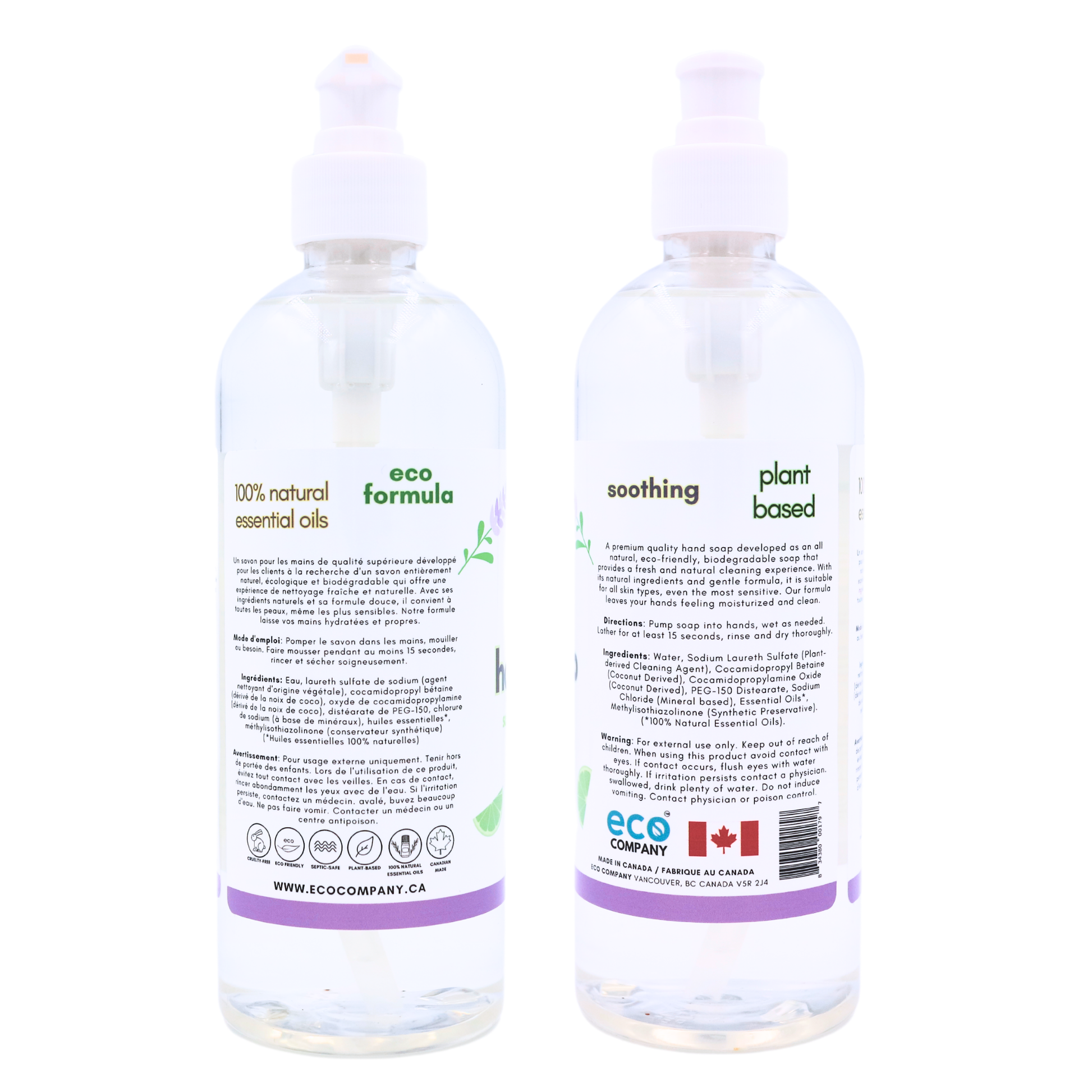 The sides of the bottle of Eco Company's plant-based hand soap listing the directions and ingredients.