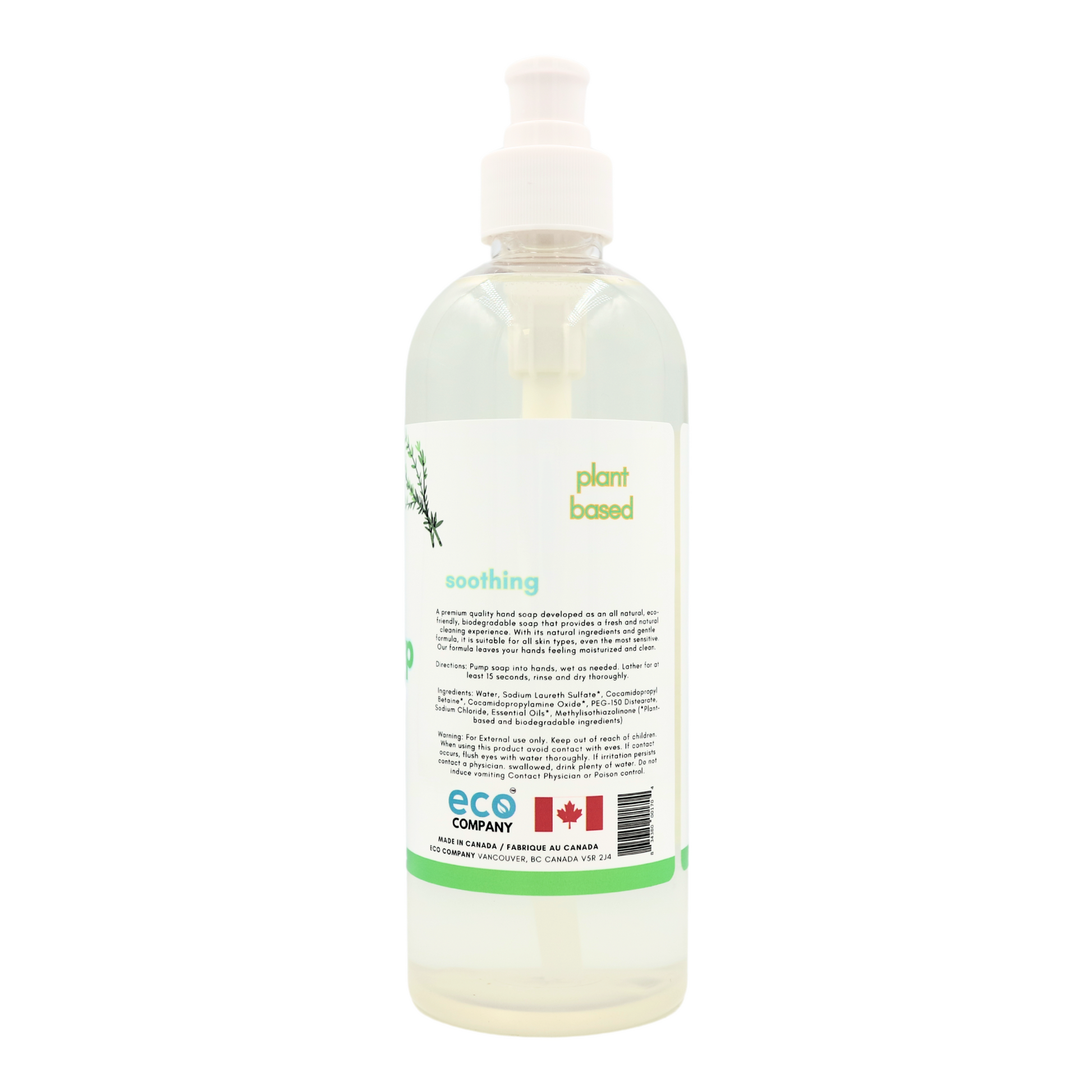 The side label of the rosemary mint hand soap reads: A premium quality hand soap developed as an all natural, eco-friendly, biodegradable soap that provides a fresh and natural cleaning experience. With its natural ingredients and gentle formula, it is suitable for all skin types, even the most sensitive. Our formula leaves your hands feeling moisturized and clean. Directions: Pump soap into hands, wet as needed. Lather for at least 15 seconds, rinse and dry thoroughly.