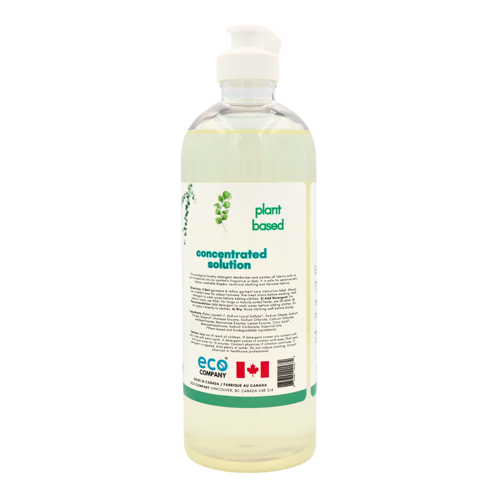 The side label of the eucalyptus laundry soap reads: Our eucalyptus laundry detergent deodorizes and washes all fabrics with its mix of essential oils (no synthetic fragrance or dye). It is safe for sensitive skin, babies, washable diapers, technical clothing and delicate fabrics.