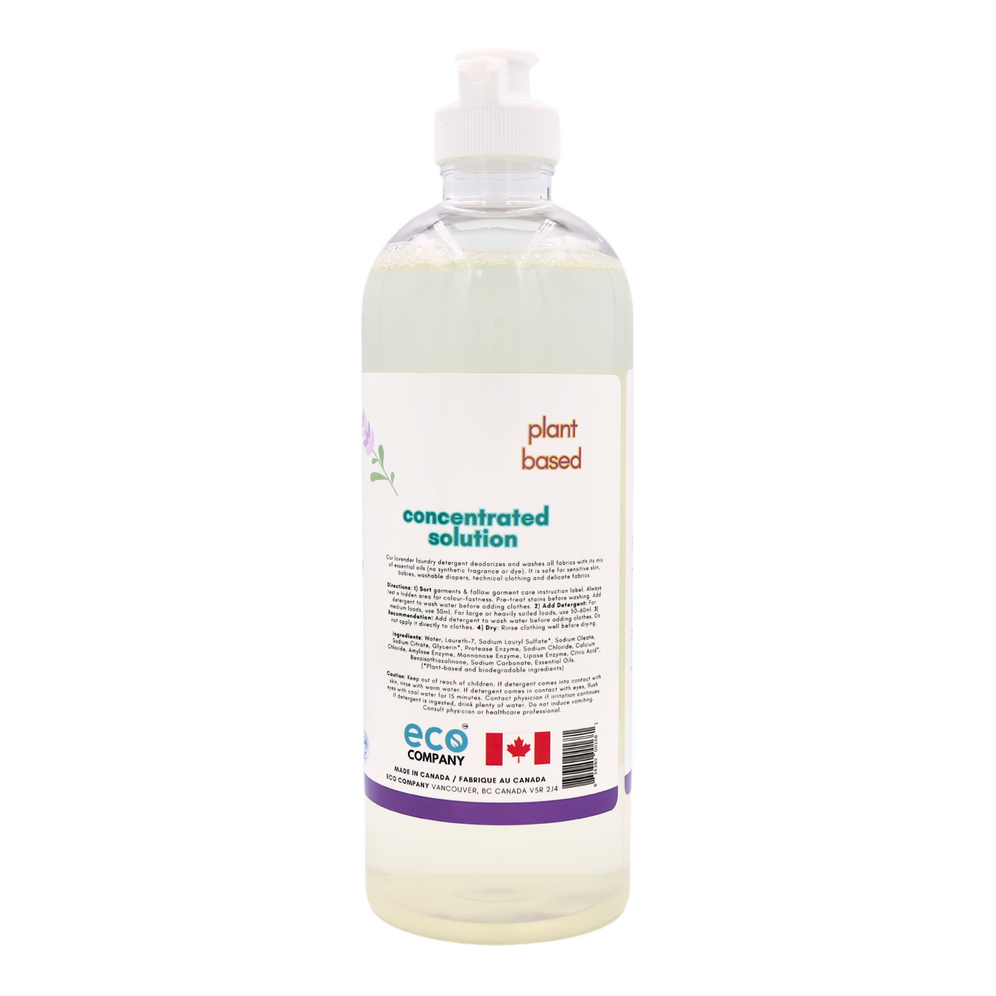 The side label of the laundry soap reads: Our lavender laundry detergent deodorizes and washes all fabrics with its mix of essential oils (no synthetic fragrance or dye). It is safe for sensitive skin, babies, washable diapers, technical clothing and delicate fabrics