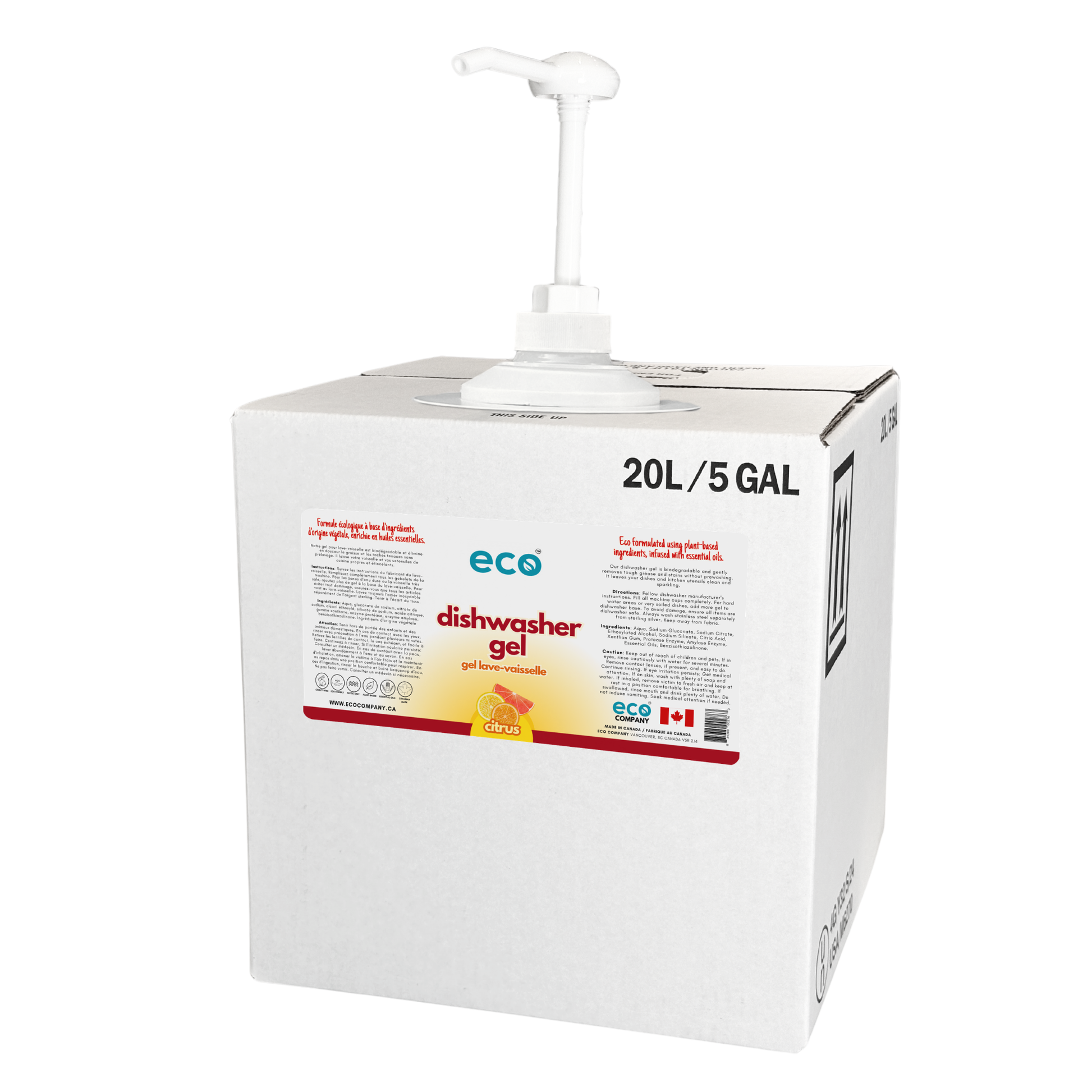 20 L / 5 gal refill box of citrus-scented dishwasher gel with a pump designed for refill stores and zero waste shops.