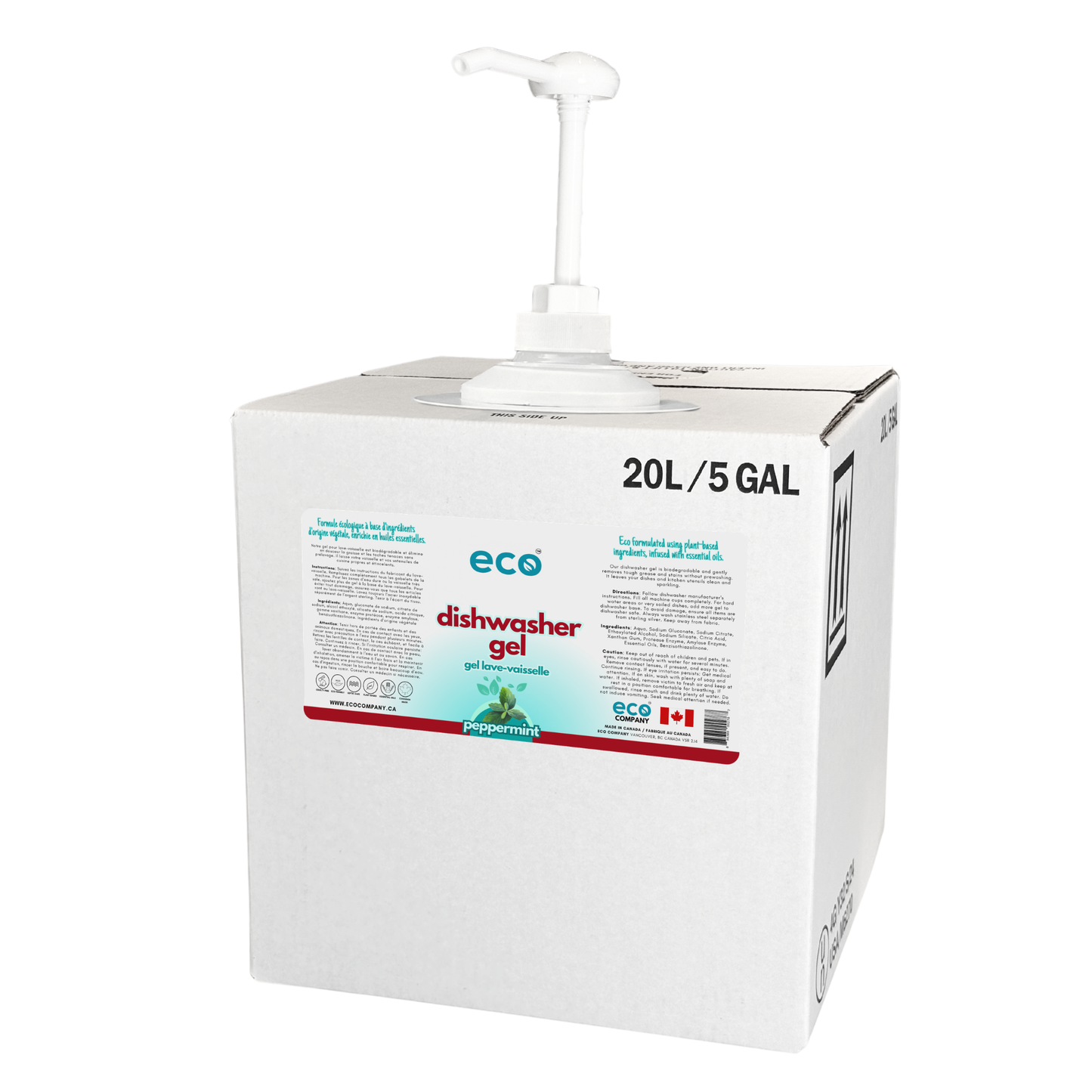 20 L / 5 gal refill box of peppermint-scented dishwasher gel with a pump designed for refill stores and zero waste shops.