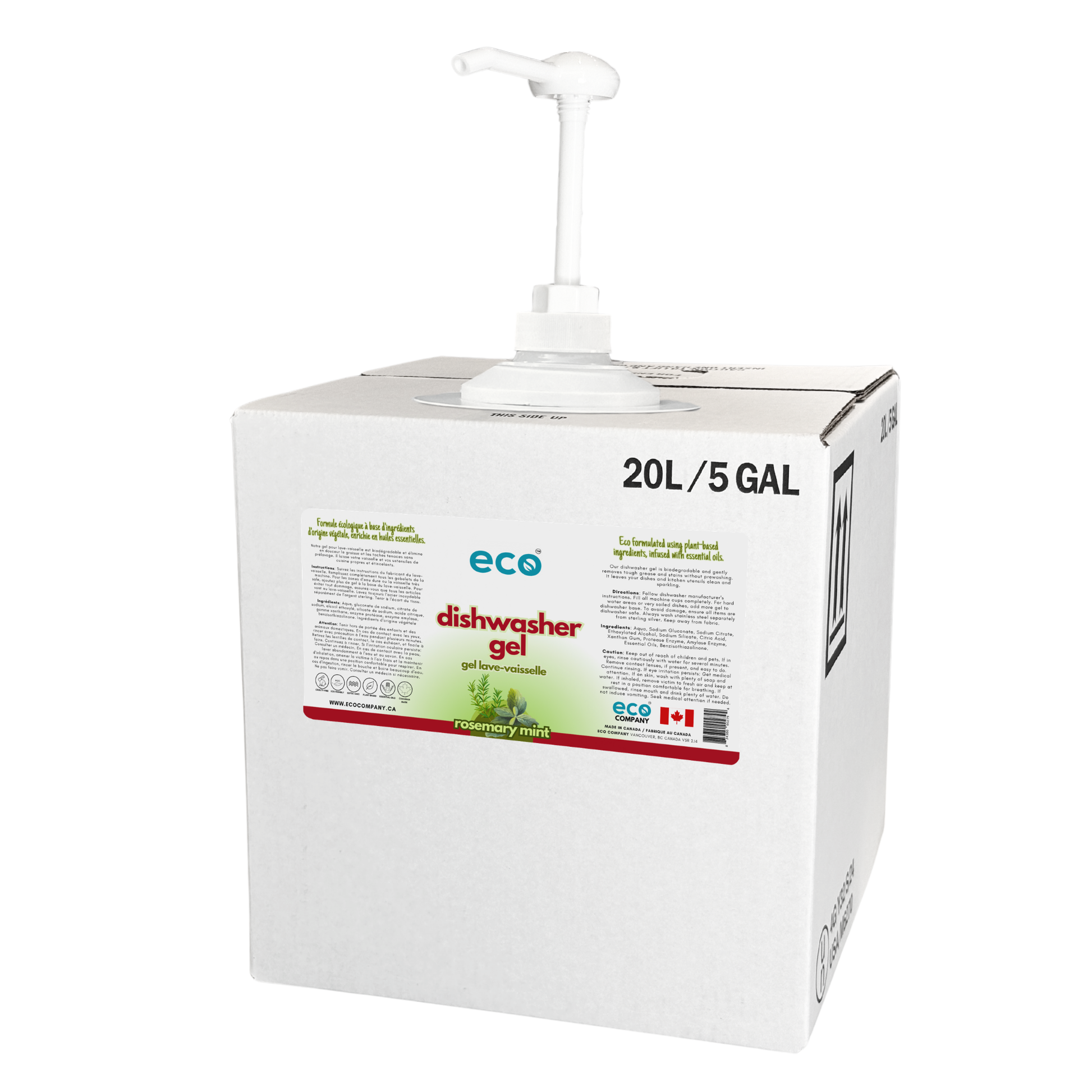 20 L / 5 gal refill box of rosemary mint-scented dishwasher gel with a pump designed for refill stores and zero waste shops.