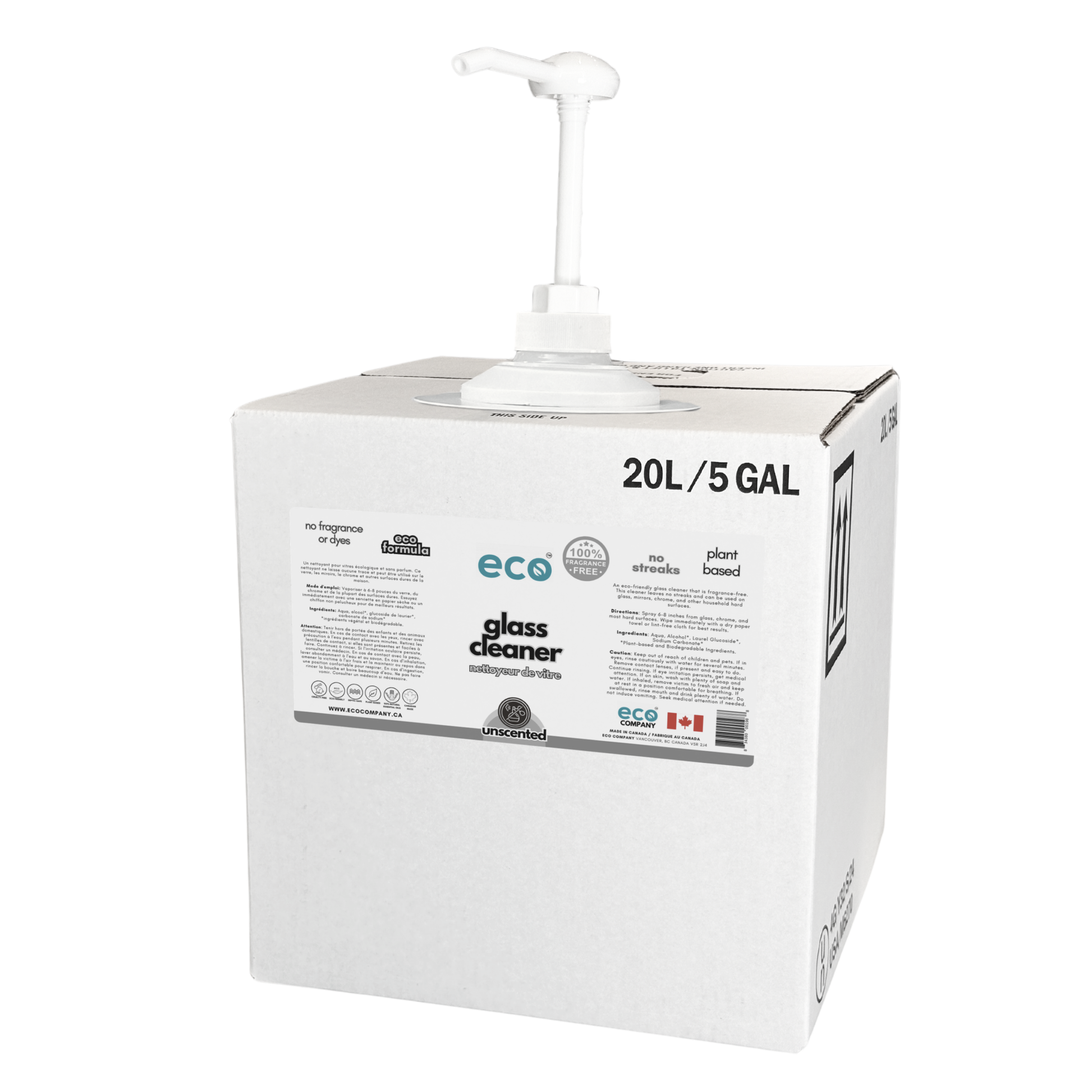 Refill box of unscented eco glass cleaner with an easy pump dispenser, perfect for bulk refill stores, zero-waste stores, plastic-free shops, and eco-friendly retailers.