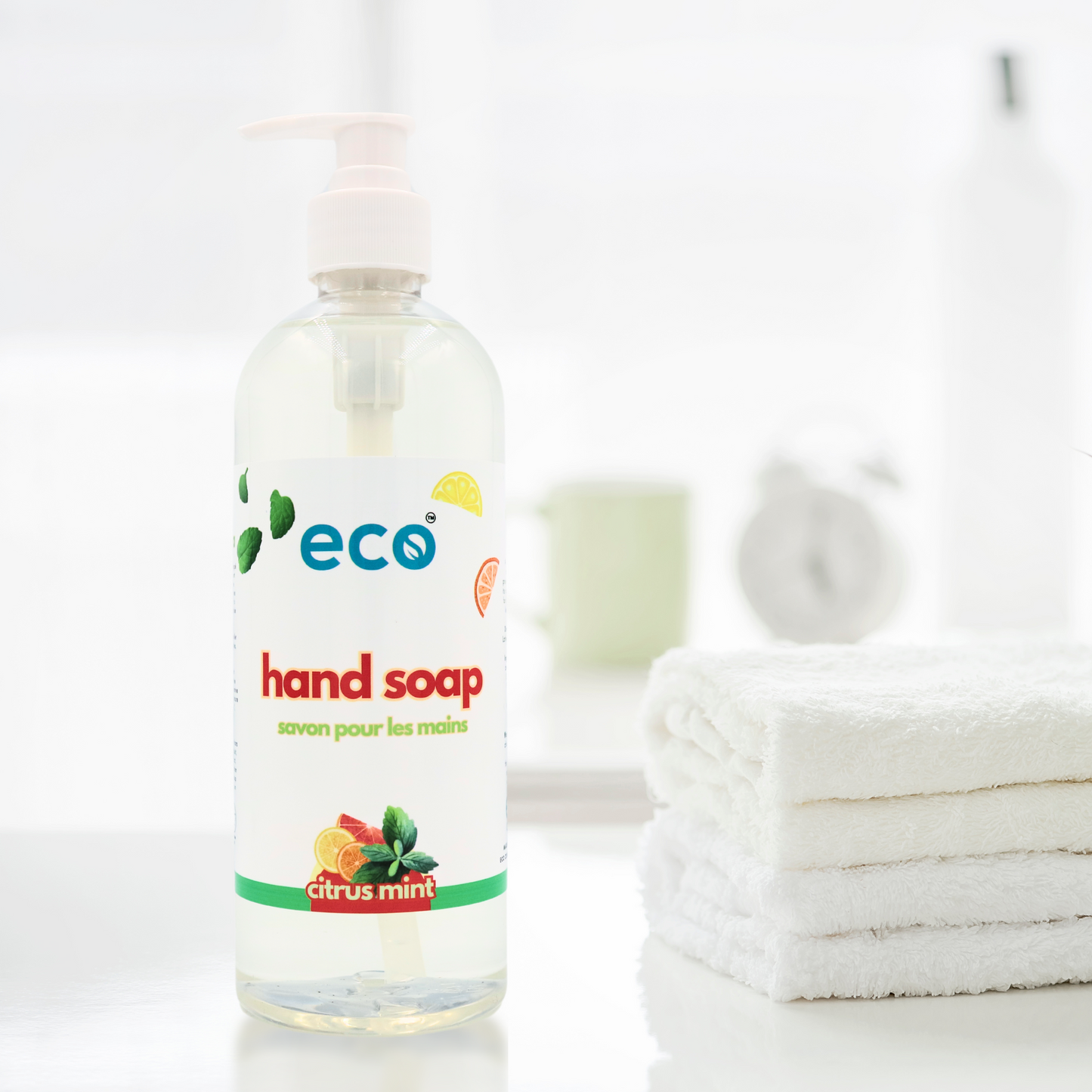 Eco-friendly hand soap bottle in a washroom, promoting a plant-based and sustainable home.