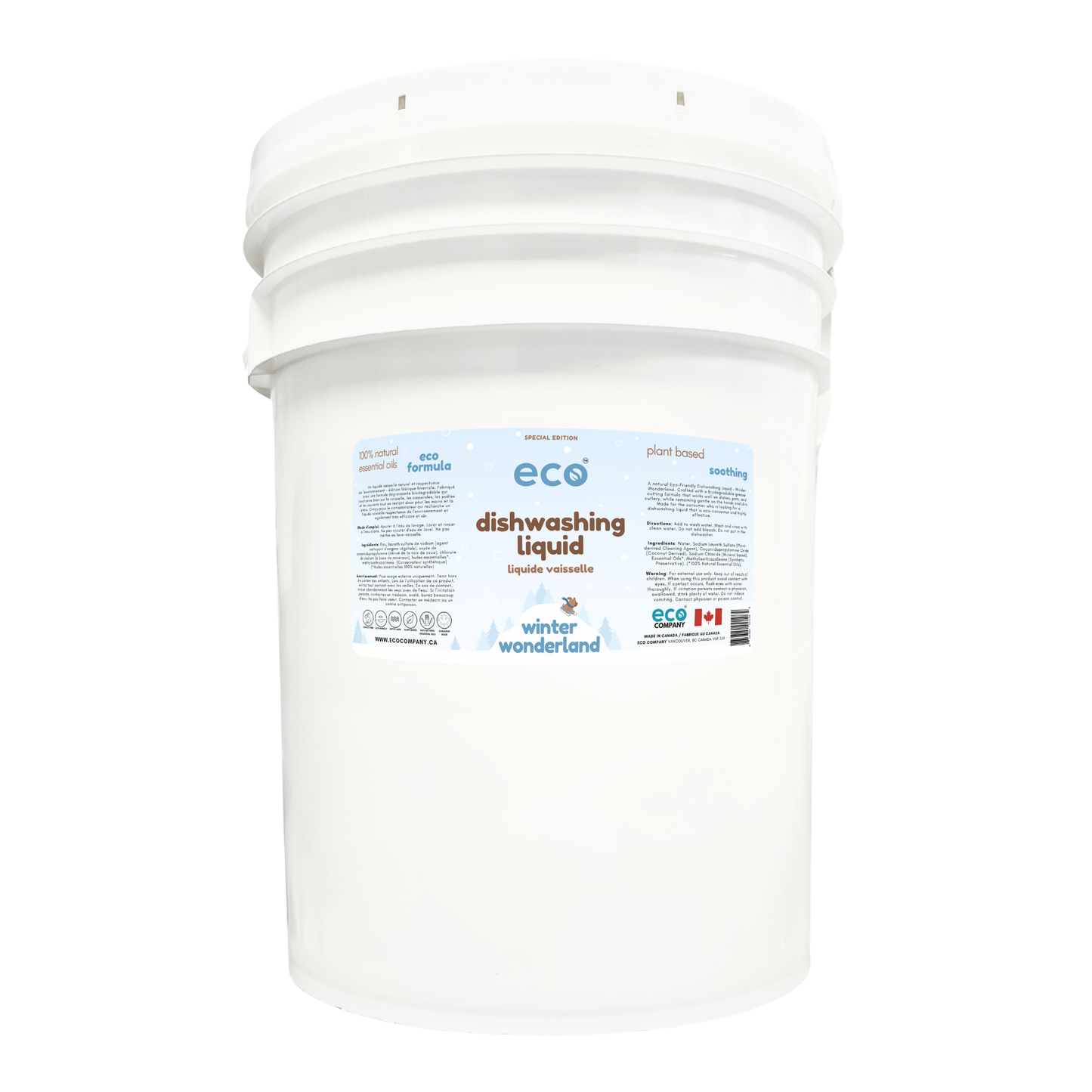 Eco dishwashing soap in a 20 liter pail for wholesale, ideal for soap refilleries, zero waste stores, and refill stores. This is the winter wonderland special edition scent.