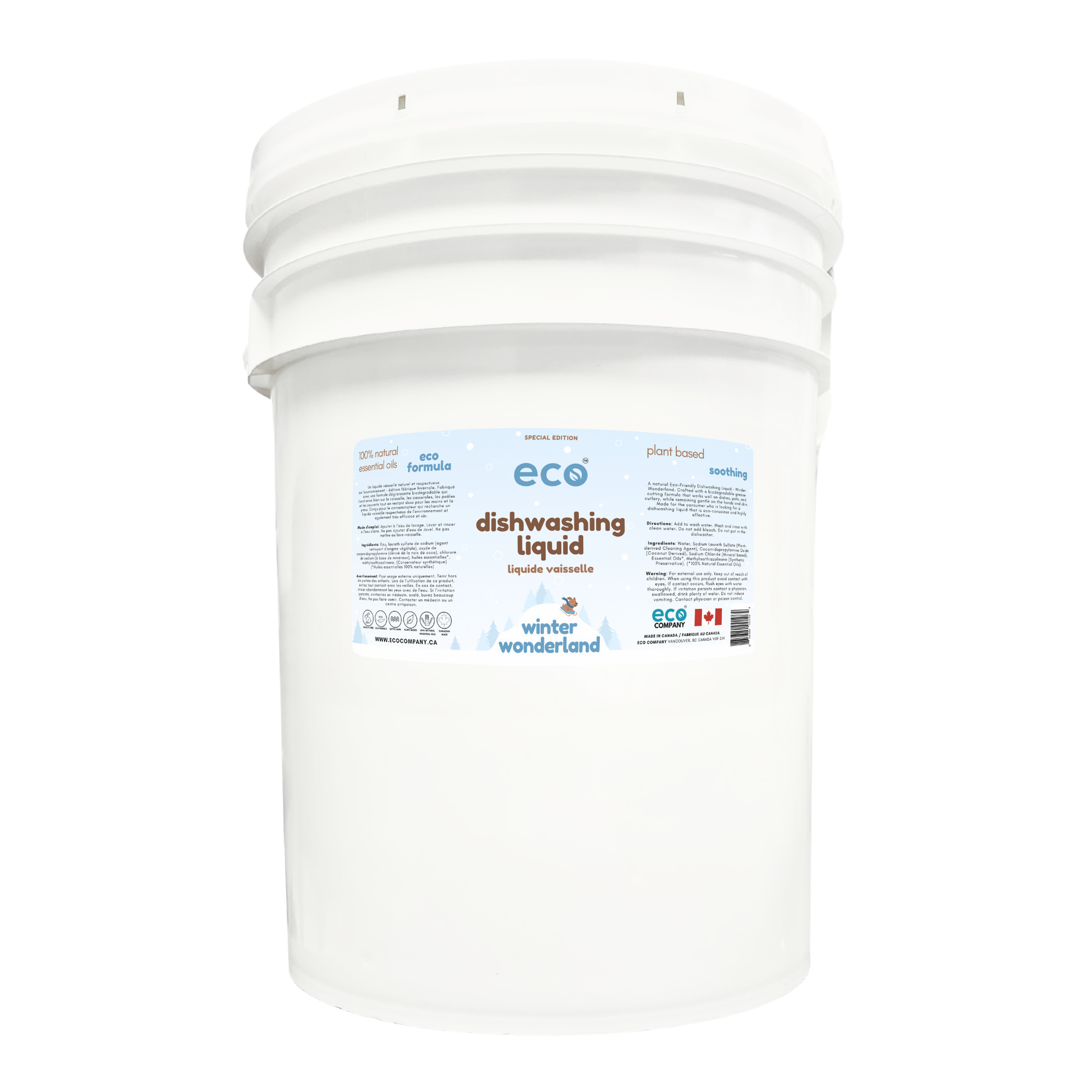 Eco dishwashing soap in a 20 liter pail for wholesale, ideal for soap refilleries, zero waste stores, and refill stores. This is the winter wonderland special edition scent.