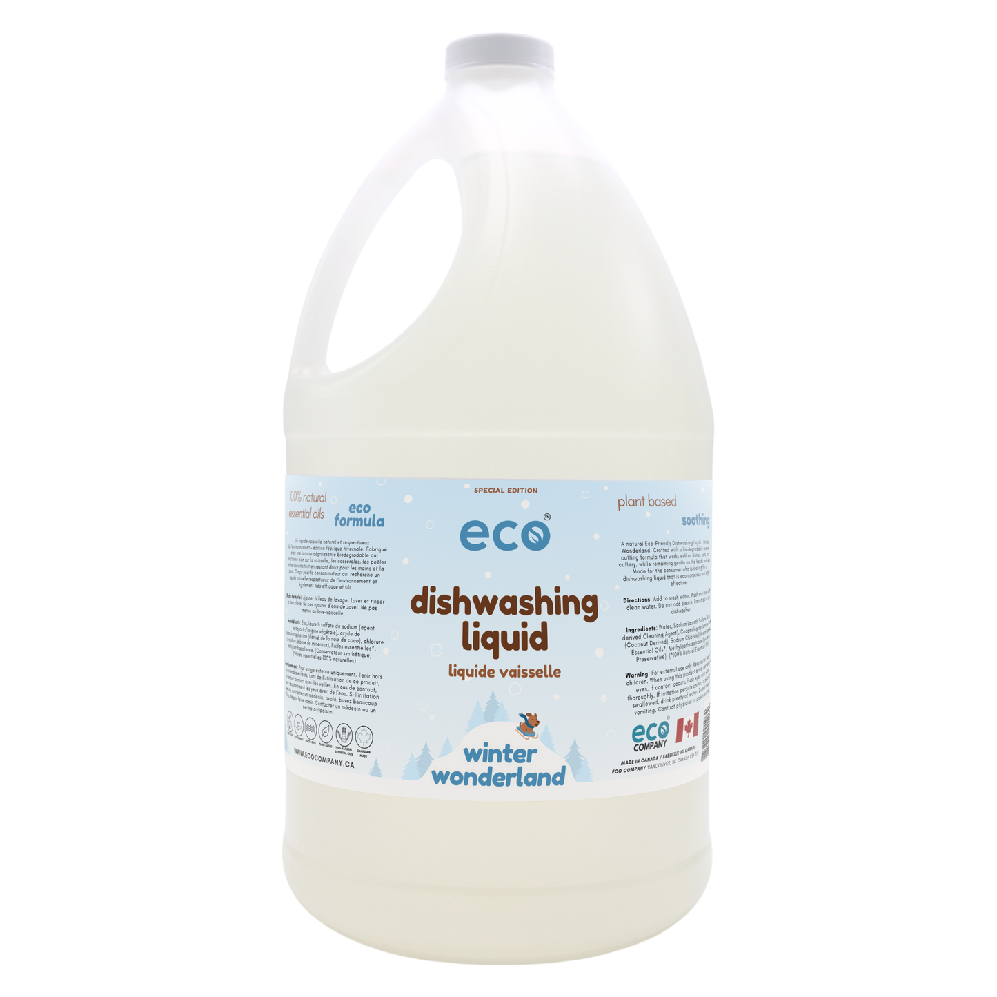 Eco-friendly dish soap in a 4 liter jug for wholesale, perfect for customers wanting bulk up dish soap to refill their own bottles. This is the winter wonderland special edition scent.