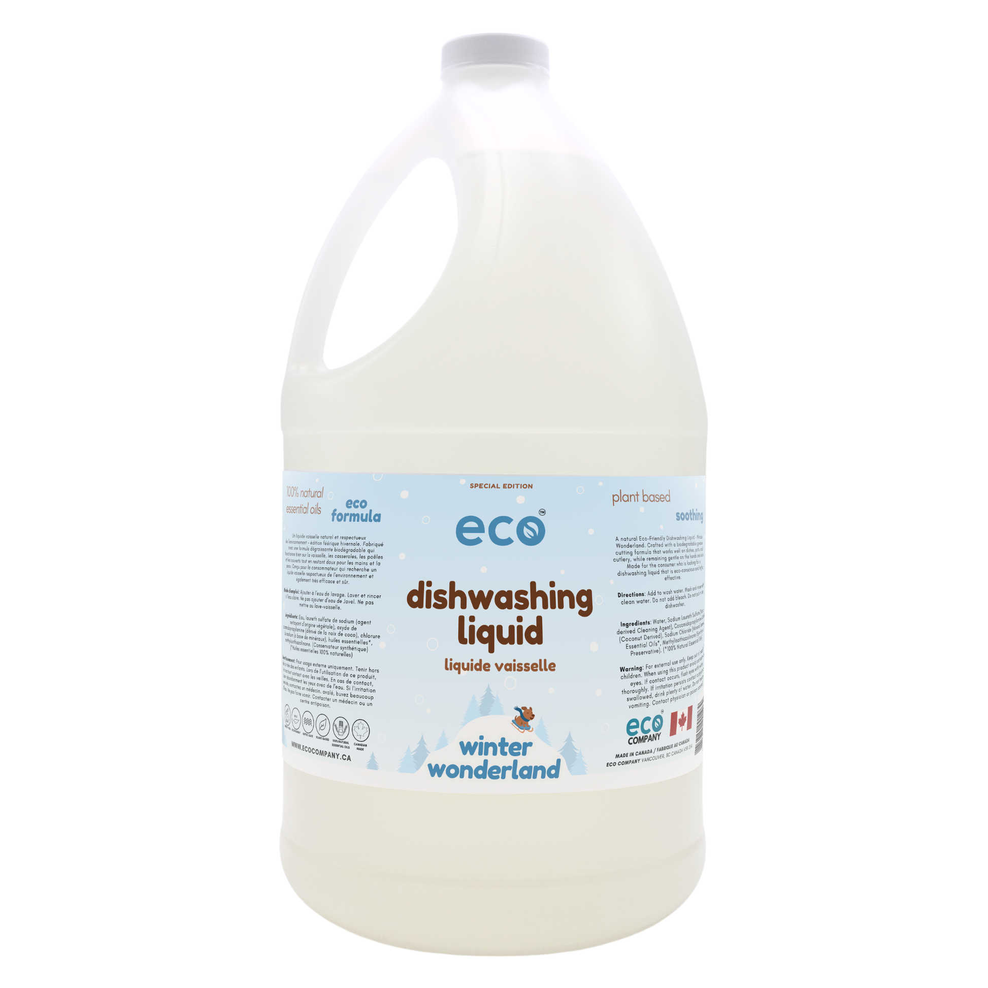 Eco-friendly dish soap in a 4 liter jug for wholesale, perfect for customers wanting bulk up dish soap to refill their own bottles. This is the winter wonderland special edition scent.