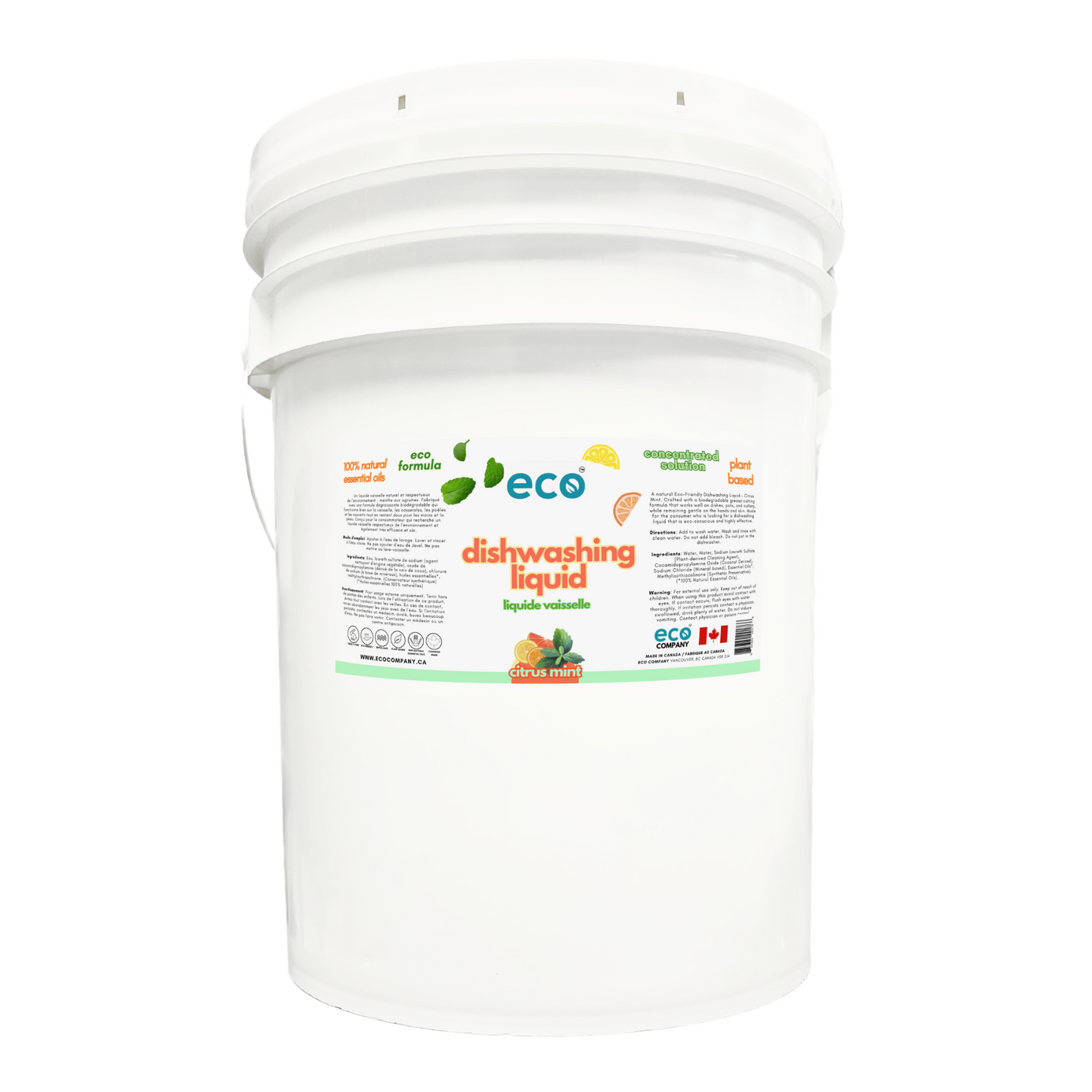 Eco dish soap citrus mint in a 20 liter pail for wholesale, ideal for soap refilleries, zero waste stores, and refill stores.